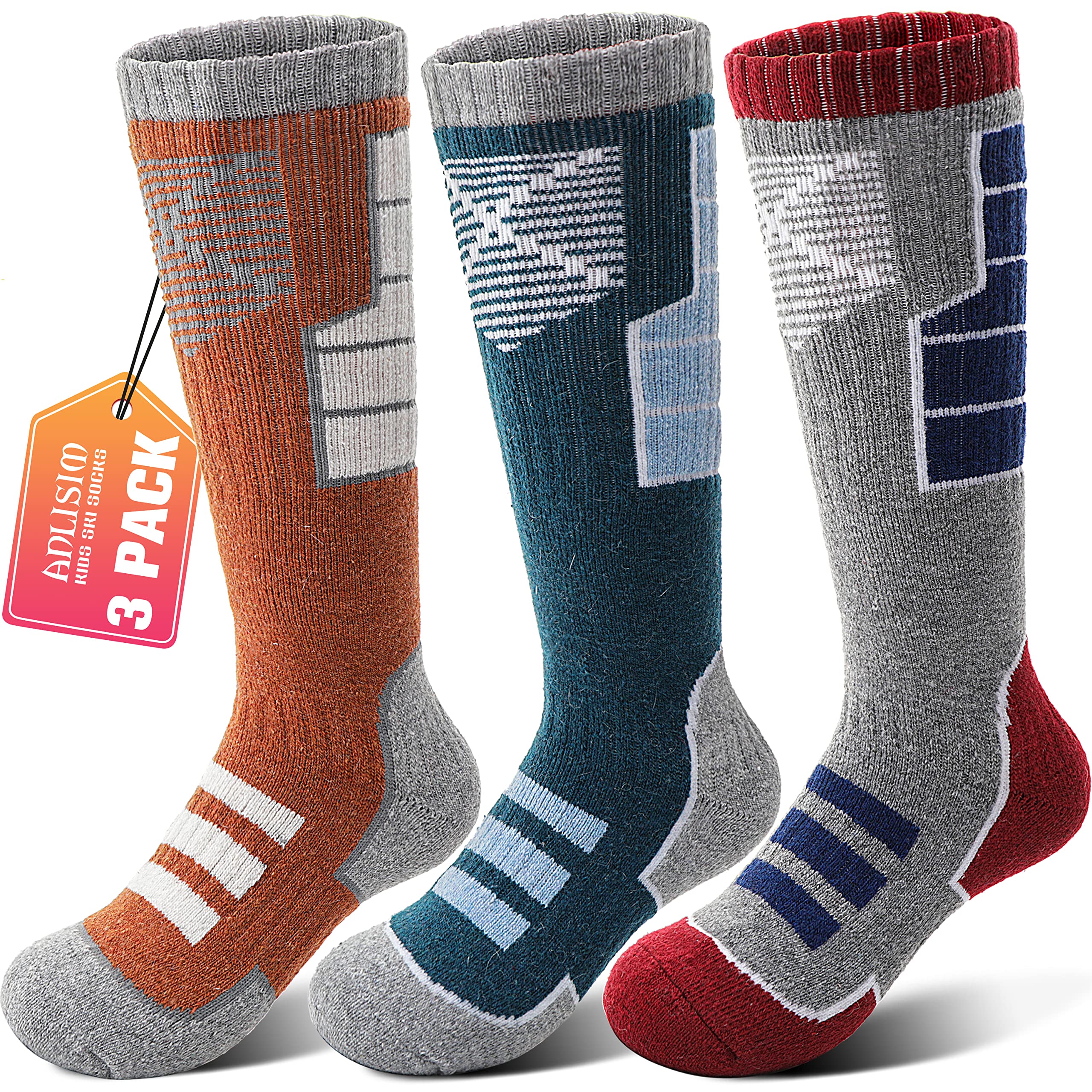 Anlisim Kids Merino Wool Ski Socks, 3 Pairs Girls Boys Thermal Winter Socks