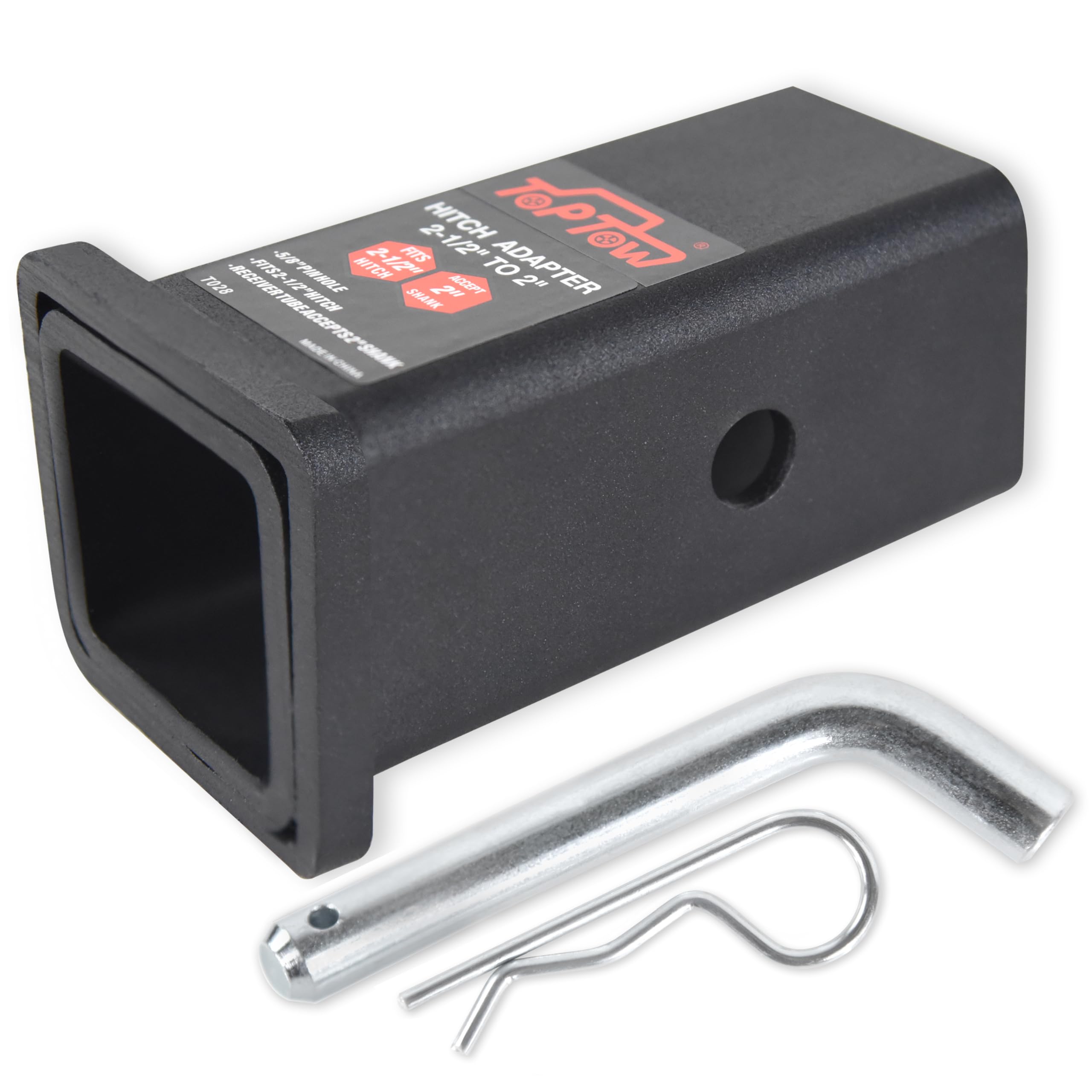 TOPTOW 64028HP Trailer Hitch Adapter 2-1/2" to 2" Hitch Reducer Sleeve | Carbon Steel, 5/8 inch Pin & Clip Included