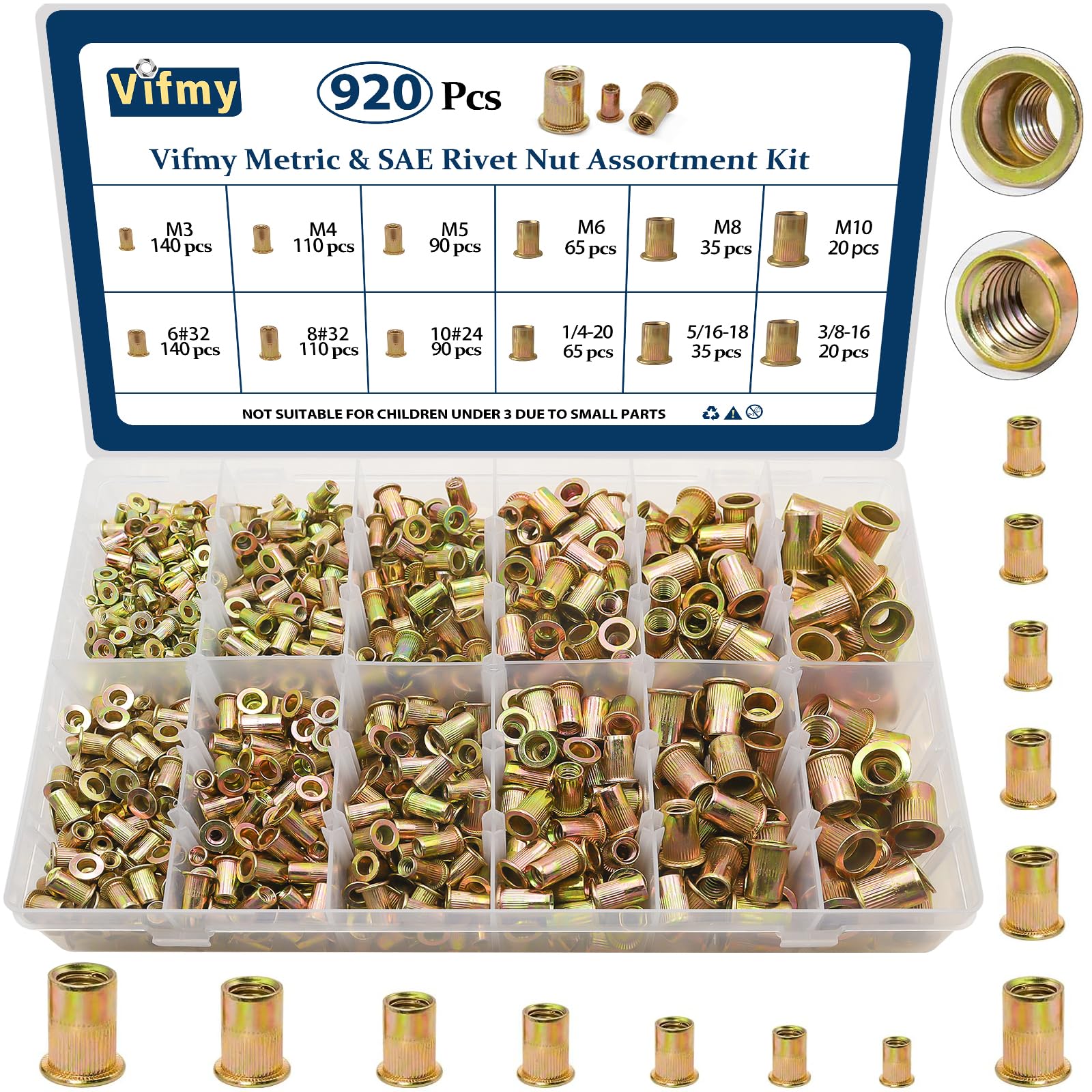 Vifmy SAE & Metric Rivet Nut Assortment Kit 920 Pcs,Zinc Plated Rivnut