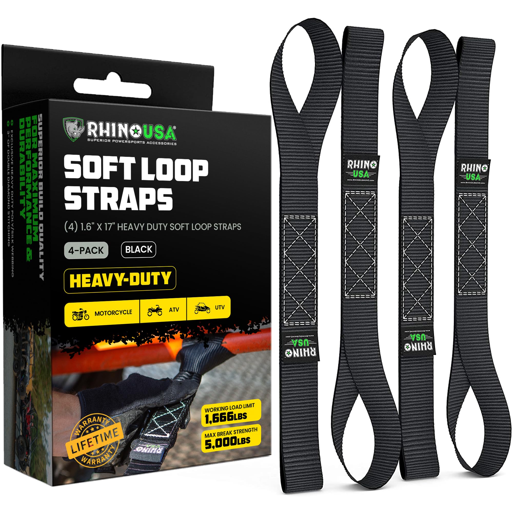 Rhino USA Soft Loop Tie Down Straps (4-Pack) - Motorcycle Handlebar Straps