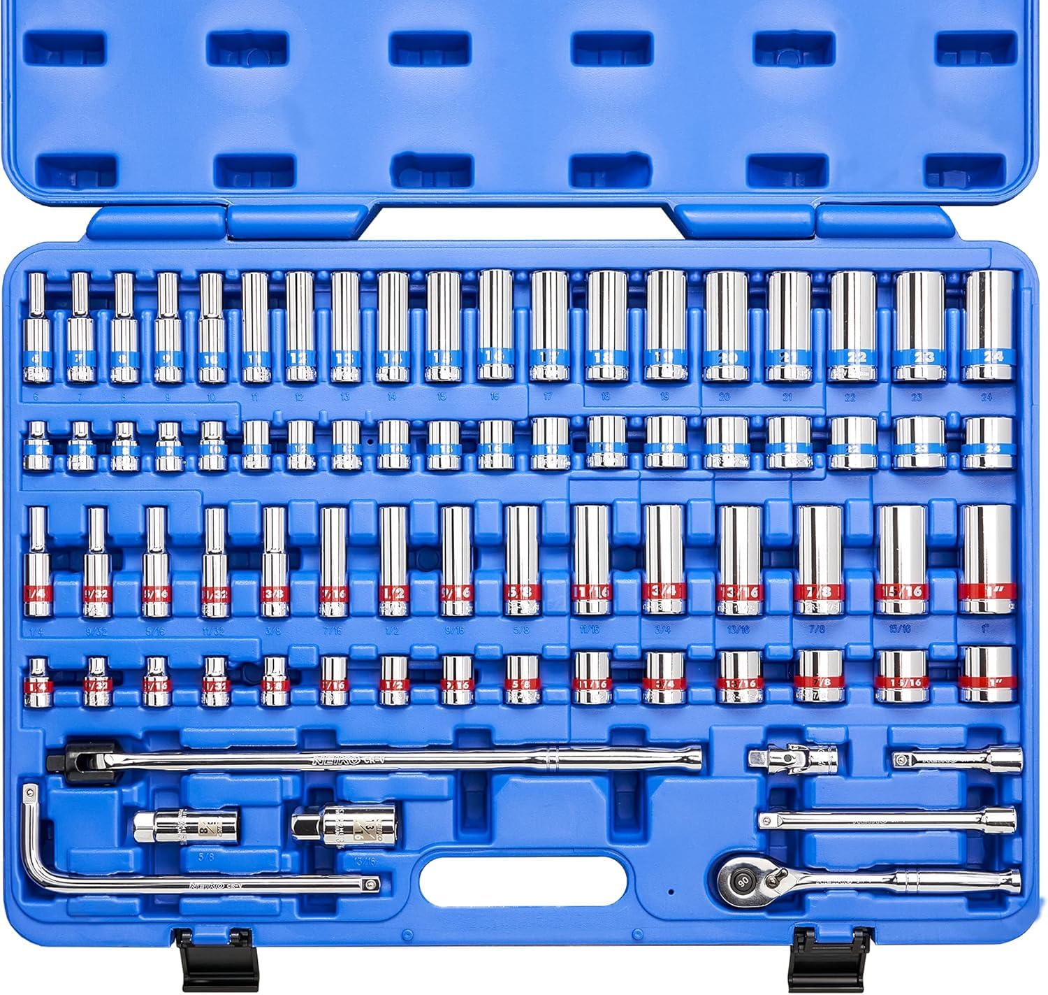 Neiko 02472A 3/8-Inch-Drive Colored Mechanics Tool Ratchet, Socket Set, 76-Piece Standard and Deep SAE Sizes 1/4" to 1" Metric Sizes 6 mm to 24 mm Made with CrV Steel for Auto Repair