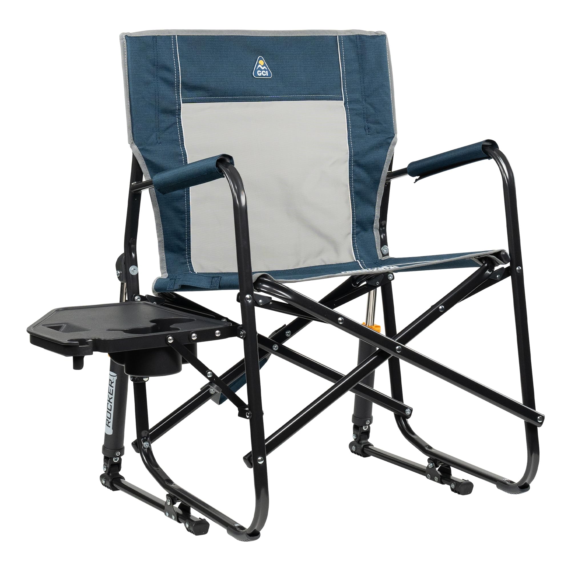 GCI OUTDOOR Freestyle Rocker with Side Table Camping Chair | Portable Folding Rocking Chair with Solid, Durable Armrests, Drink Holder & Comfortable Backrest — Heathered Indigo