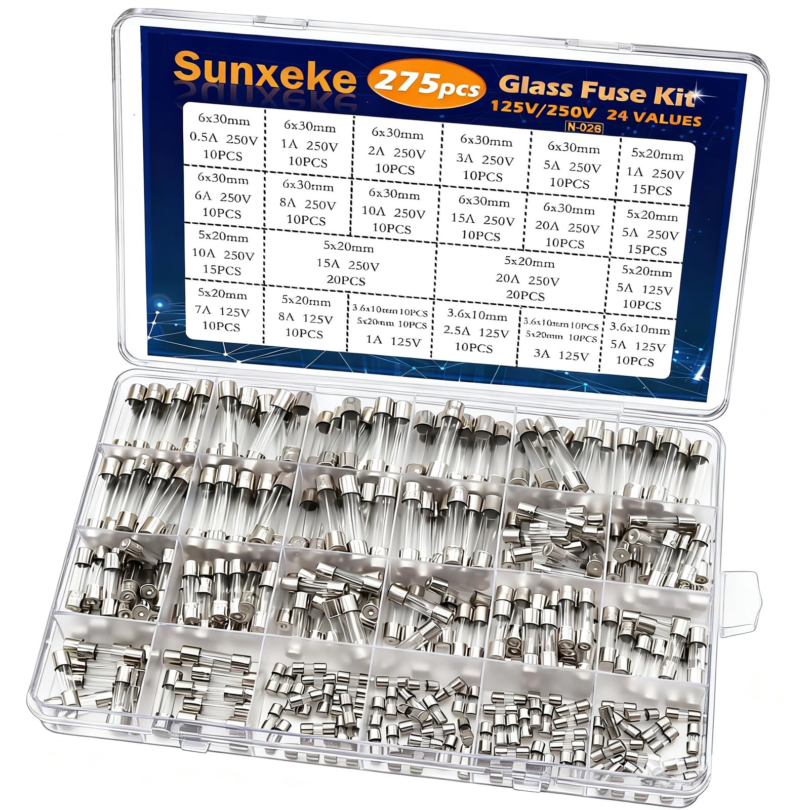 Sunxeke 24 Values 275Pcs Fast Blow Glass Fuses Assortment Kit 250V 6x30mm 5x20mm 0.5A 1A 2A 3A 5A 6A 8A 10A 15A 20A 125V 5x20mm 3.6X10mm 1A 2.5A 3A 5A 7A 8A