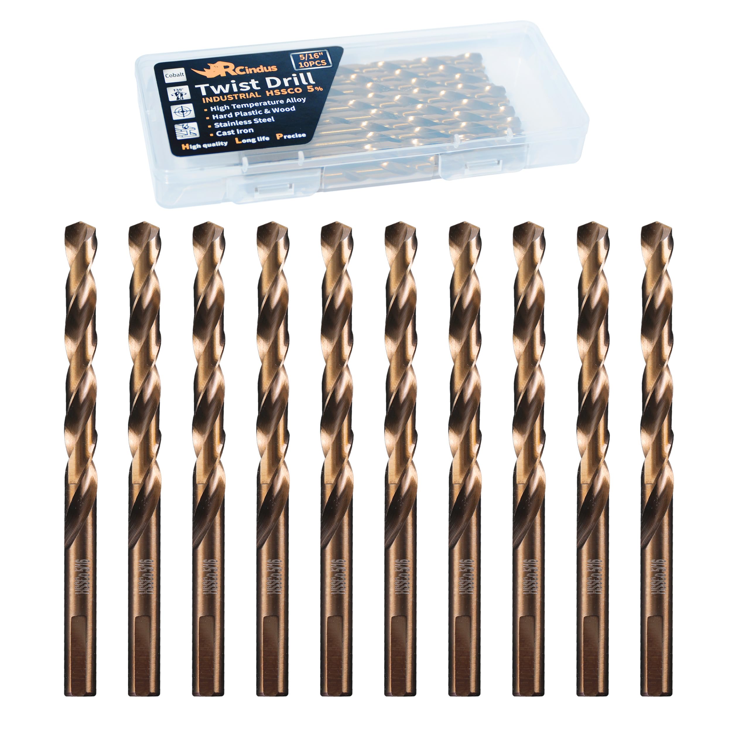 RCINDUS (10PCS) 5/16" Cobalt Drill Bit, HSS M35 Metal Drill Bits for Steel, Stainless Steel, Cast Iron, Hard Plastic and Wood
