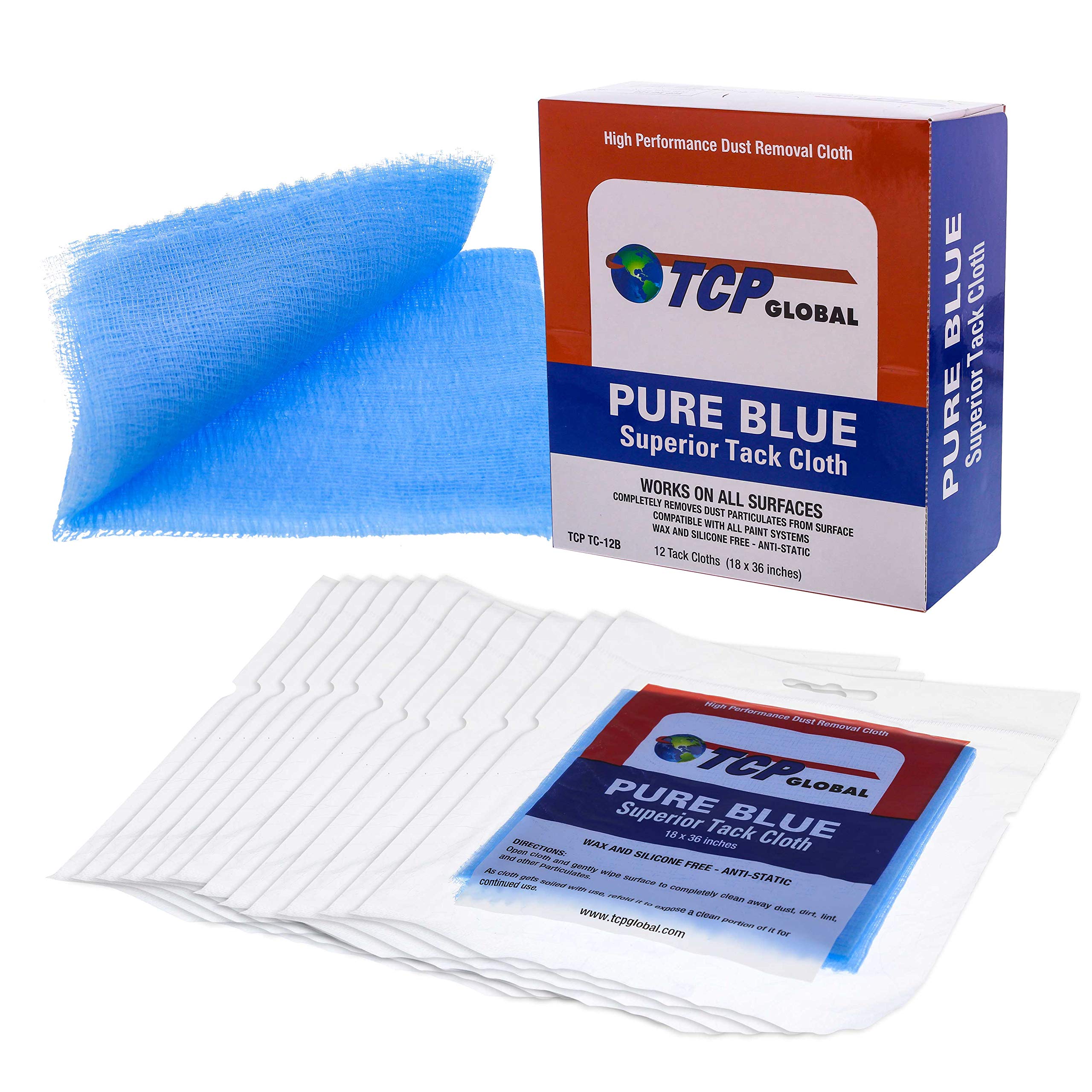 TCP Global Pure Blue Superior Tack Cloth, Tack Rags, 12-Pack