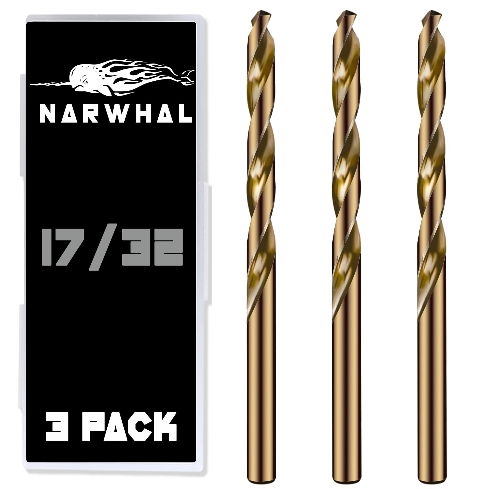 Narwhal 17/32 Inch Cobalt Drill Bits (3 Pack - Industrial Grade M35 Cobalt) 1/2" Shank & 6" Length & 135 Degree Split Point for Drilling Into Metal, Hardened & Stainless Steel, Cast Iron, & More!