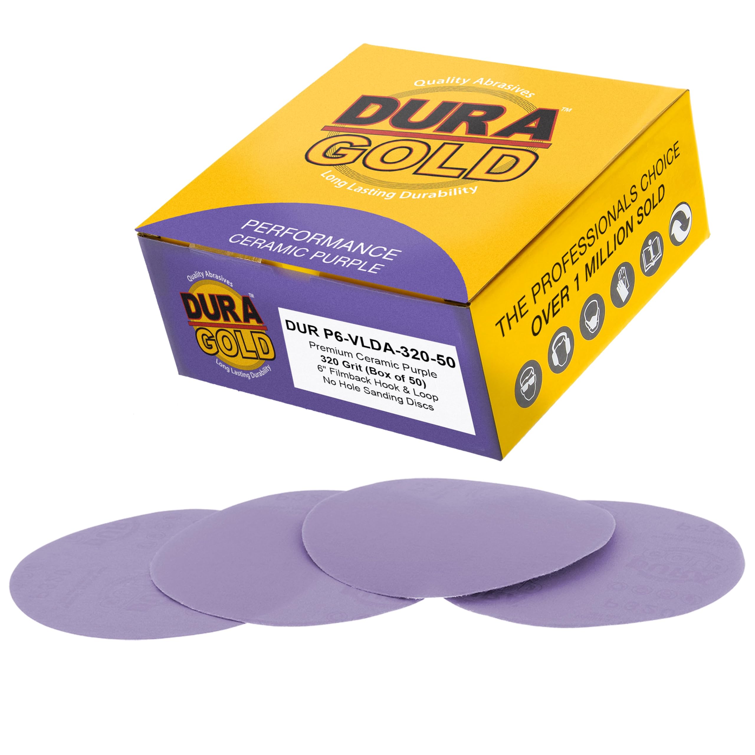 Dura-Gold Premium 320 Grit 6" Purple Film Ceramic Sanding Discs, Box of 50