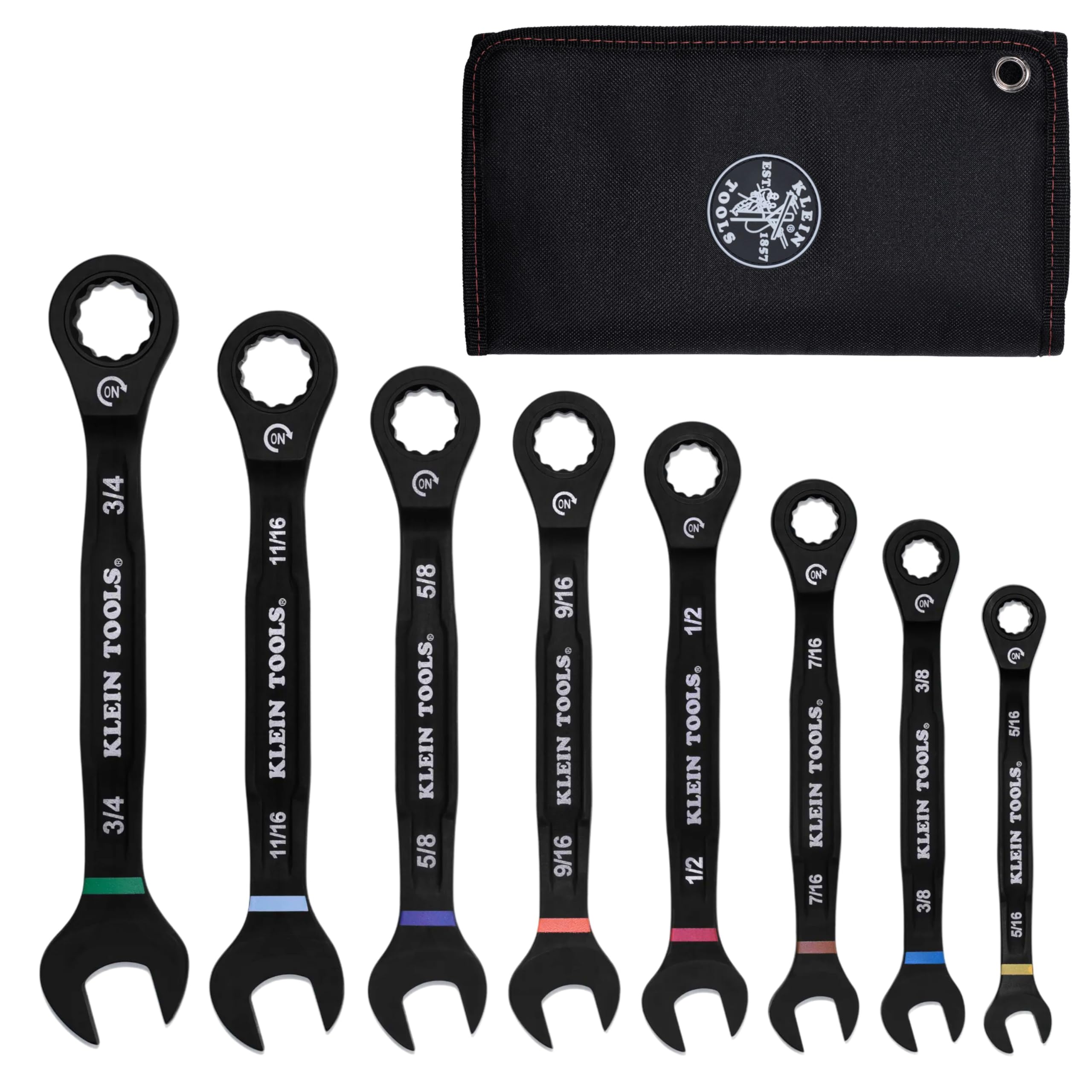 KLEIN TOOLS 69408G Ratcheting Combination Wrench Set, SAE, 8-Piece, 5/16 to 3/4-Inch, Steel Alloy, Foam Pouch, 90-Tooth