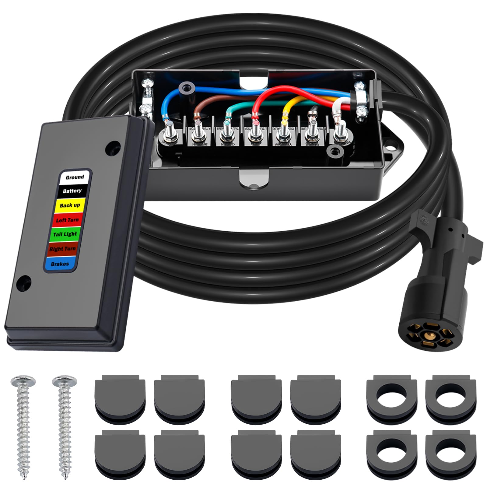 CheeMuii 7 Way Trailer Wiring Harness Kit 8 FT Trailer Cord with 7 Pin Trailer Plug and Junction Box Kit Premium Light and Brake Wiring Wires for Trailer RV