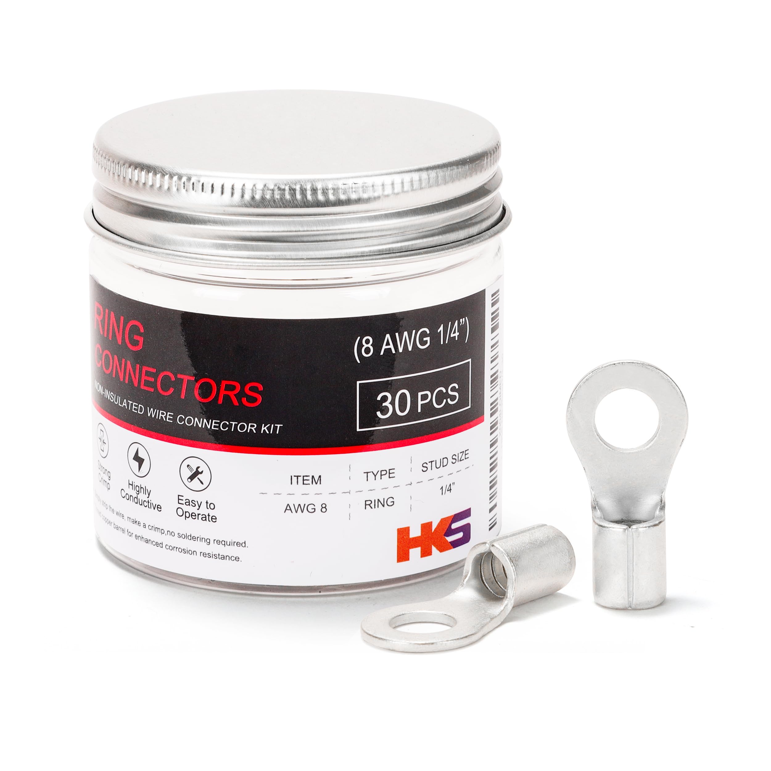 HKS 30PCS Non-Insulated Ring Terminals, 1/4” Stud, AWG 8 (6-10mm²) Tinned Red Copper Crimp Connectors, M6 Bolt Size, Uninsulated Wire Lugs for Electrical Wiring & Automotive Applications