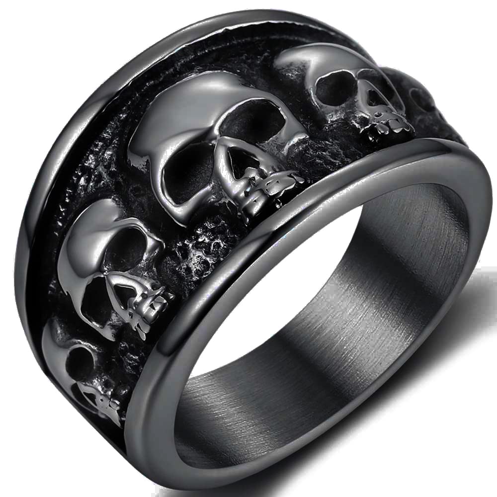 Retro Vintage Stainless Steel Gothic Death Skull Skeleton Cocktail Party Biker Statement Halloween Ring (Black, 8)