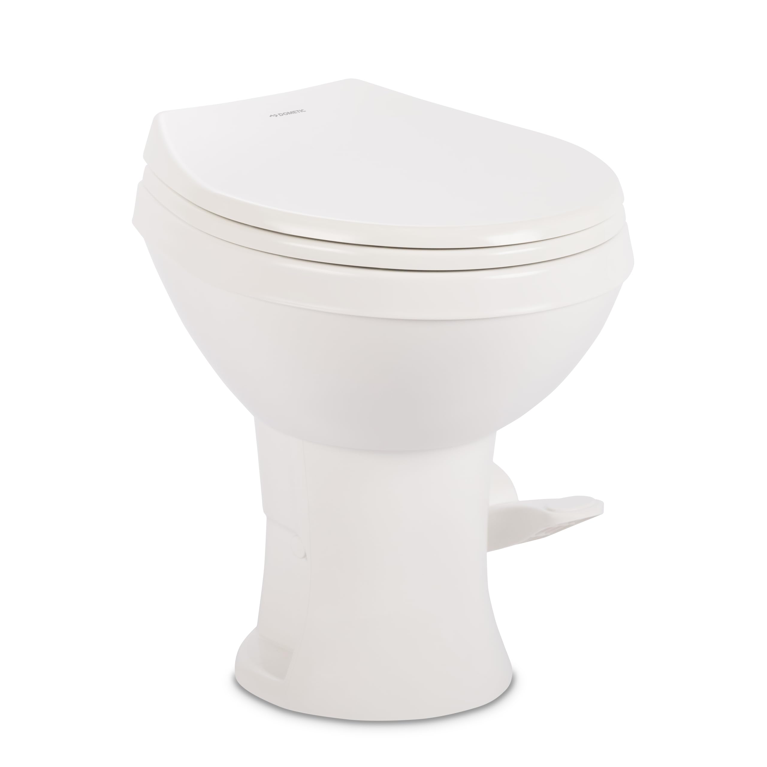 Dometic Model 400 Essential RV Toilet – Round Lightweight Plastic Bowl, Universal Fit & 2-Bolt Mount, 18" Chair Height Residential Style, Gravity Flush Toilet with Soft-Close Seat, White (9610008275)