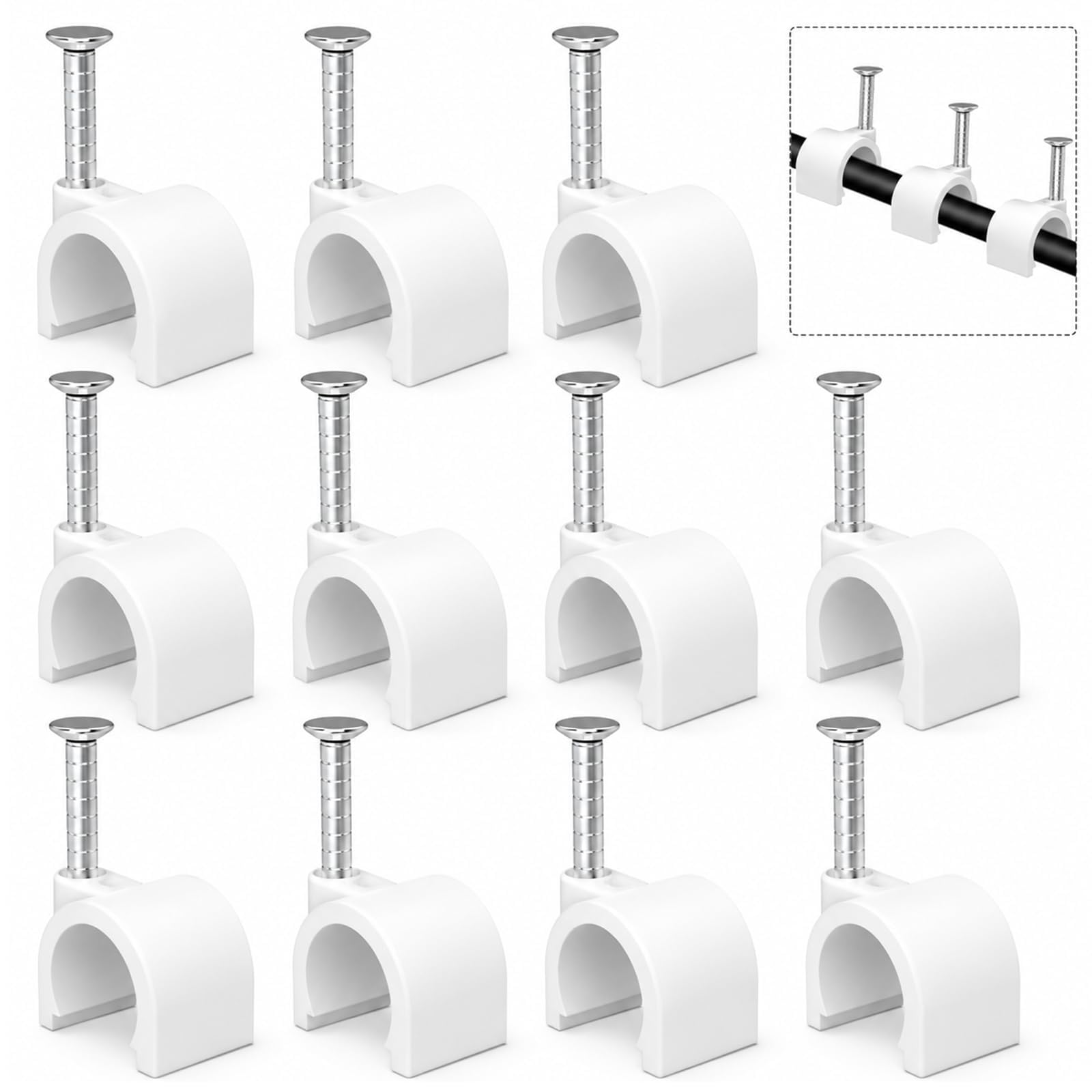 Cable Clips 10mm Nail in Cable Holder Clip 100 Pcs Wire Clips Speaker Tacks for Cords Coax Clamps Ethernet Cord Tacks RG6 RG59 CAT6 RJ45 Wall Wire Organizer
