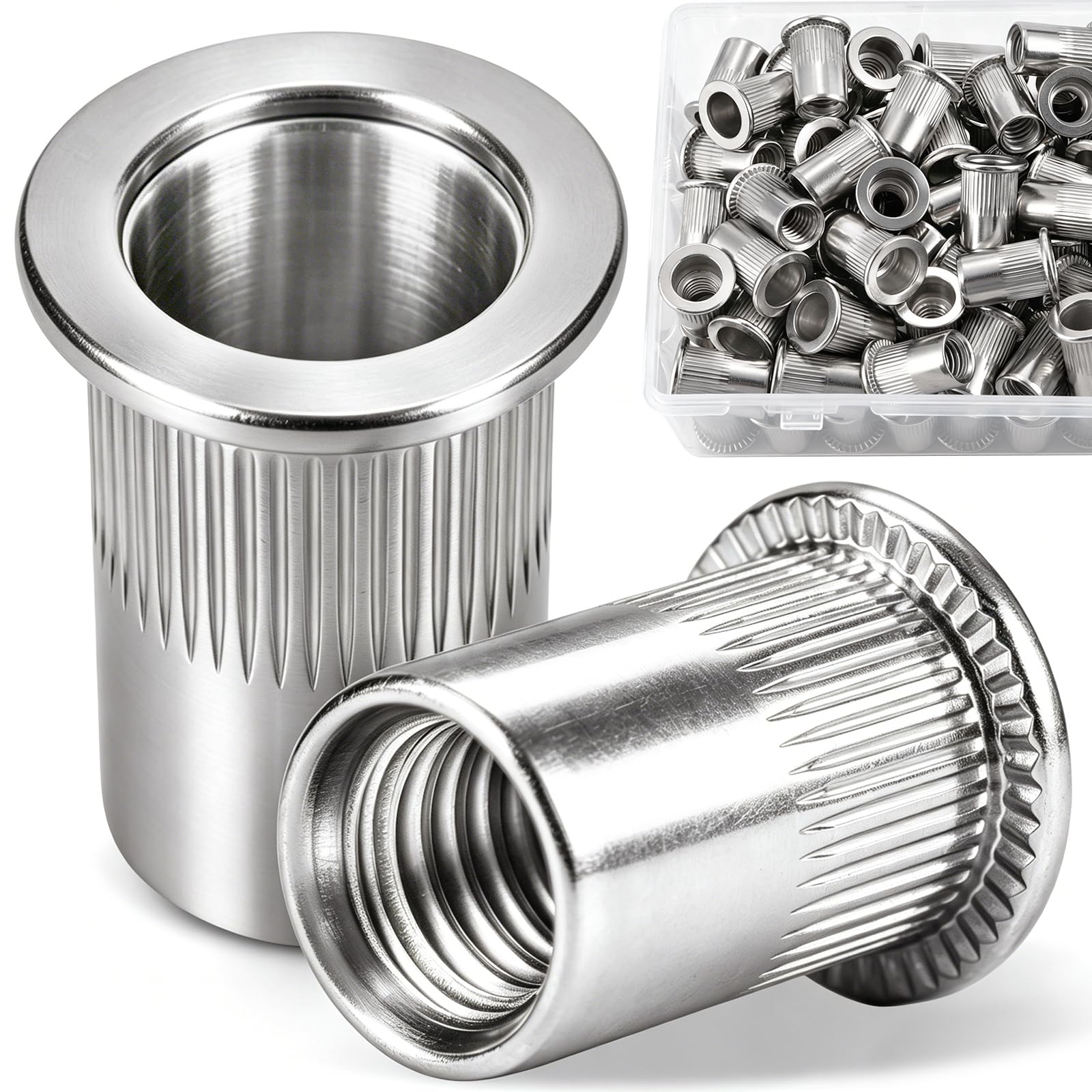 DFDU 5/16" Rivnuts 90PCS, 304 Stainless Steel Rivet Nut Flat Head Knurled Nutsert Threaded Insert Nuts 5/16-18 UNC Blind Rivetnuts for Metal, Heavy Duty RIV Nut for Automotive & Furniture