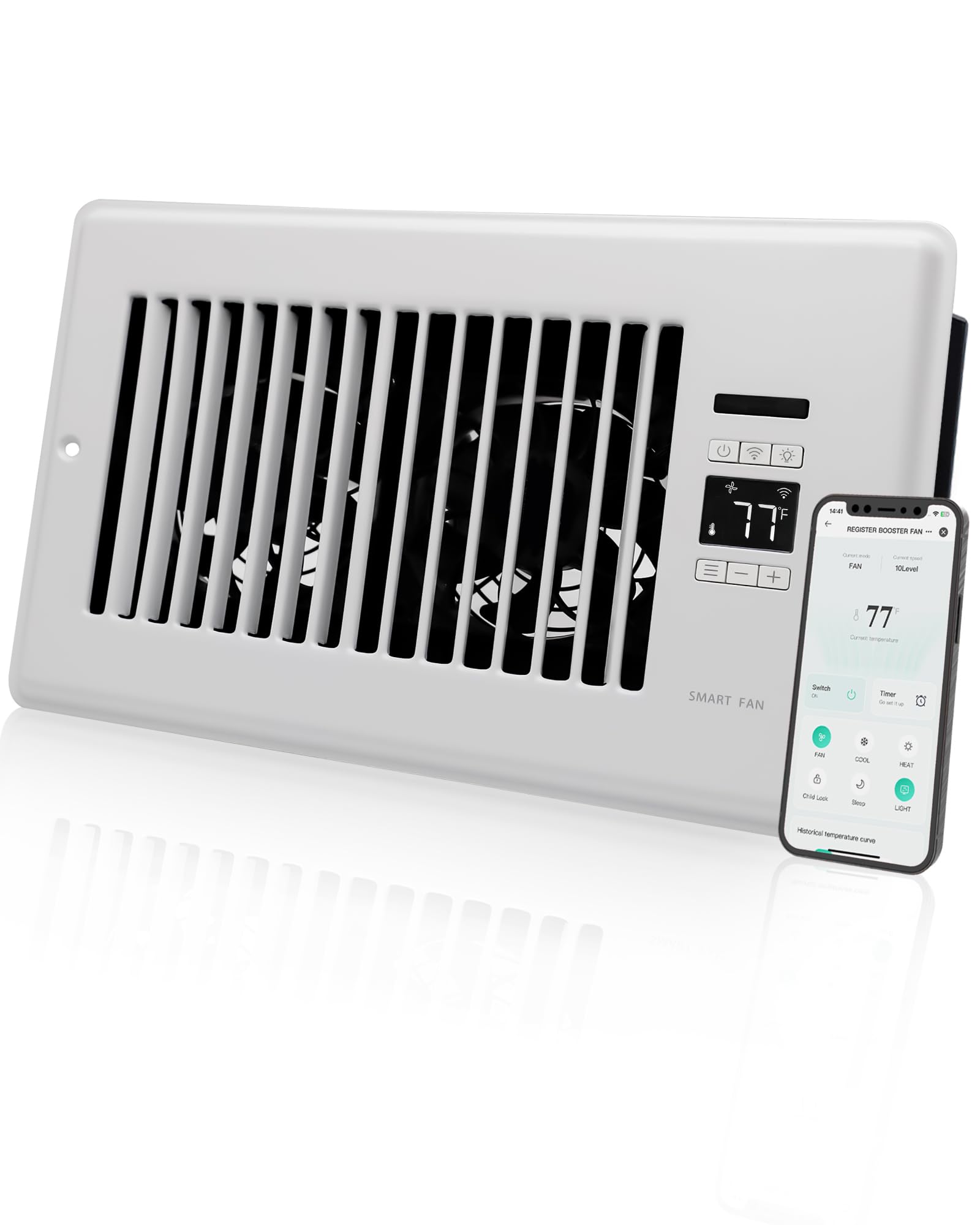 2026 Super Quiet Register Booster Fan for 6" x 10" Register Holes, Smart Register Vent with Dual Intelligent Thermostat and WiFi App Control, Heating Cooling AC Vent Fan (White)