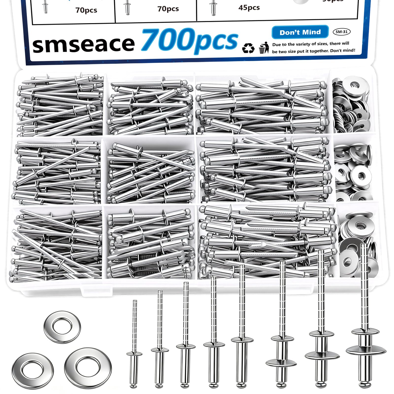 smseace 700Pcs 304 Stainless Steel Pop Rivets with Washer Assortment Kit 8-Sizes Stainless Rivets(1/8Inch 5/32Inch 3/16Inch) for Metal,Furniture,Automotive,Instruments