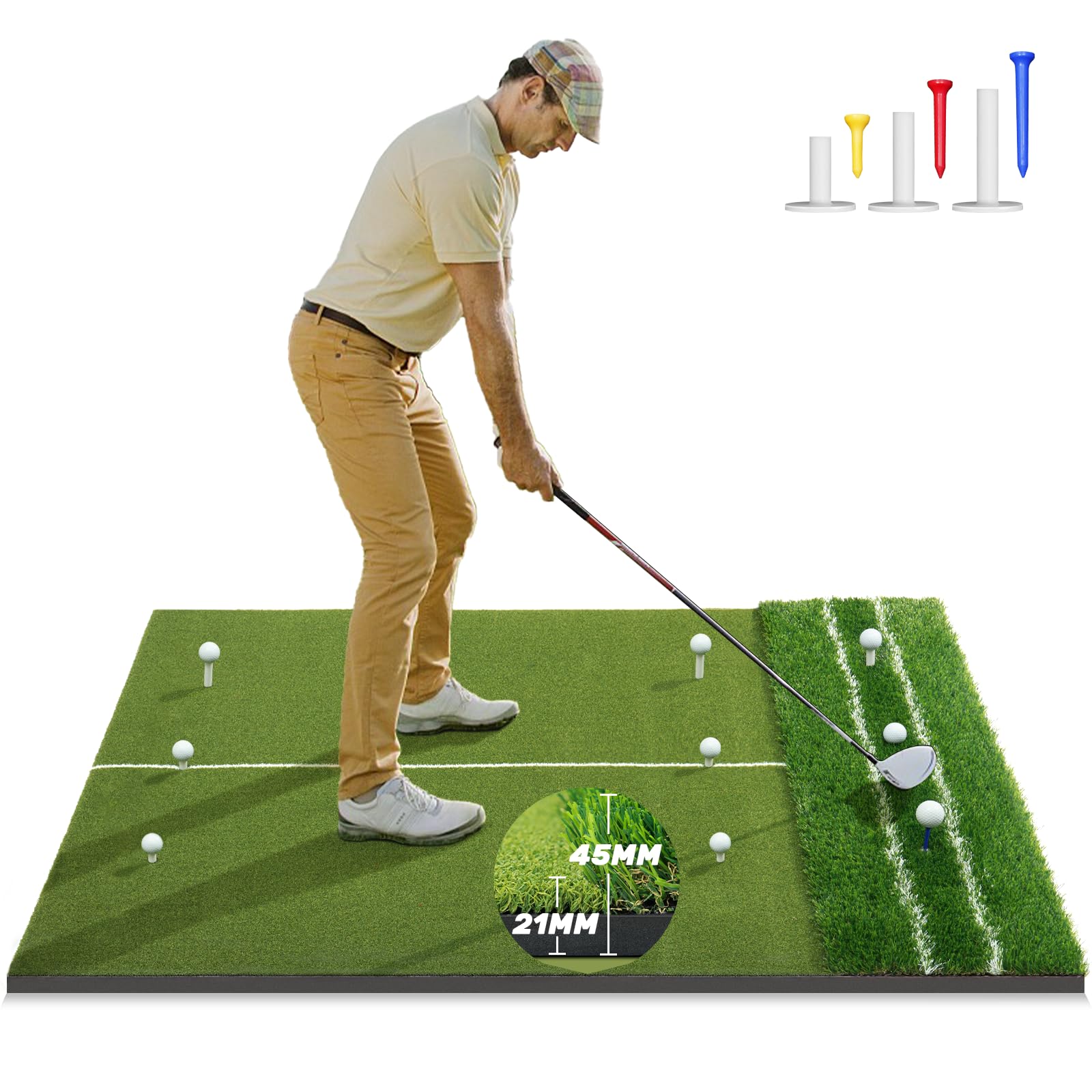 Premium Dual-Turf 5x4ft Golf Mat: 21MM to 50MM High-Elasticity Base Upgraded Golf Hitting Mat, Alignment & Angle of Approach Aid, Indoor/Outdoor Practice, Green,Ideal Gifts for Men Him Dad Husband