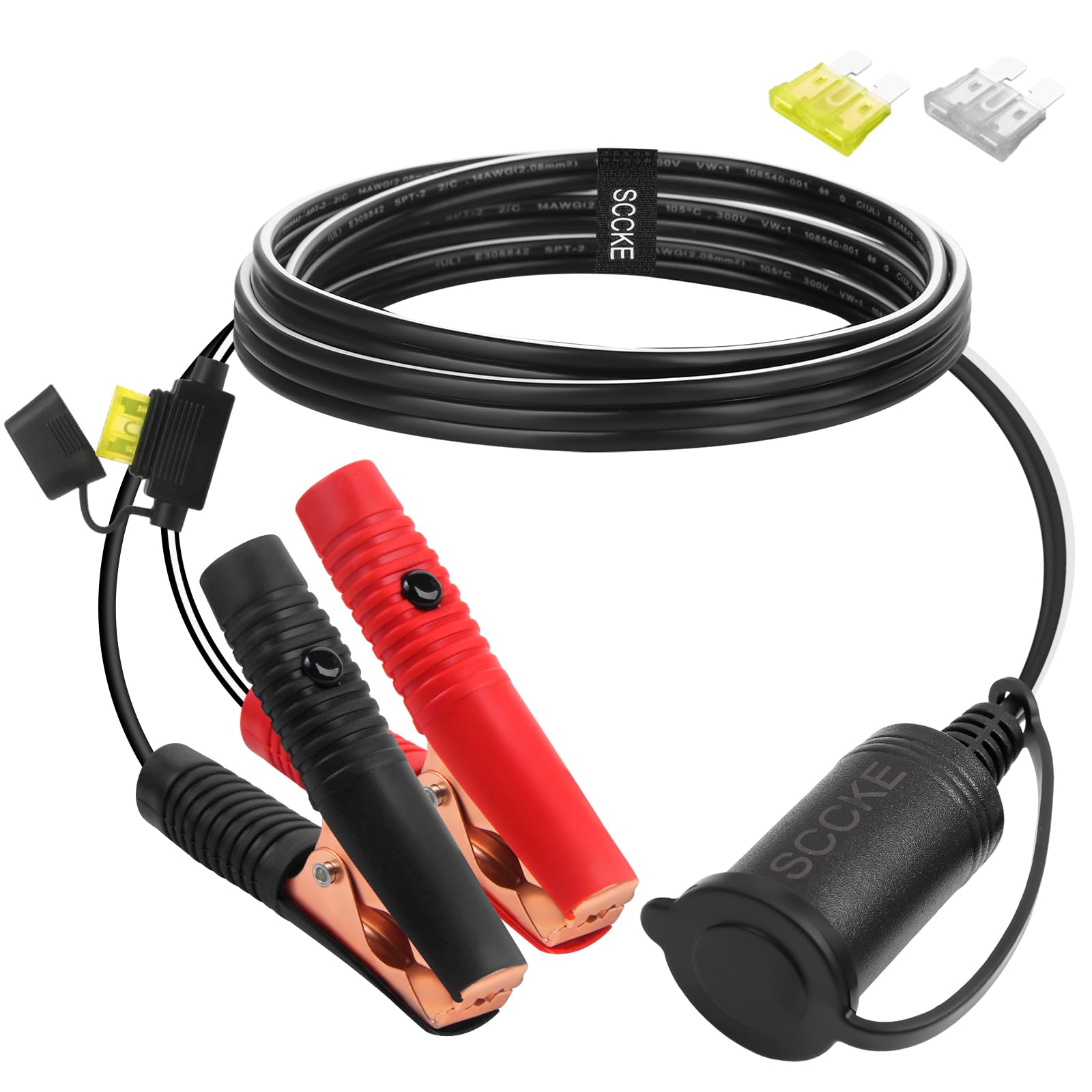 SCCKE 6FT/1.8m 14AWG 20A 12V 24V Female Car Cigarette Lighter Socket to Battery Alligator Crocodile Clips Connector, Car Battery Clamp-on Extension Charge Cable with 20A Fuse