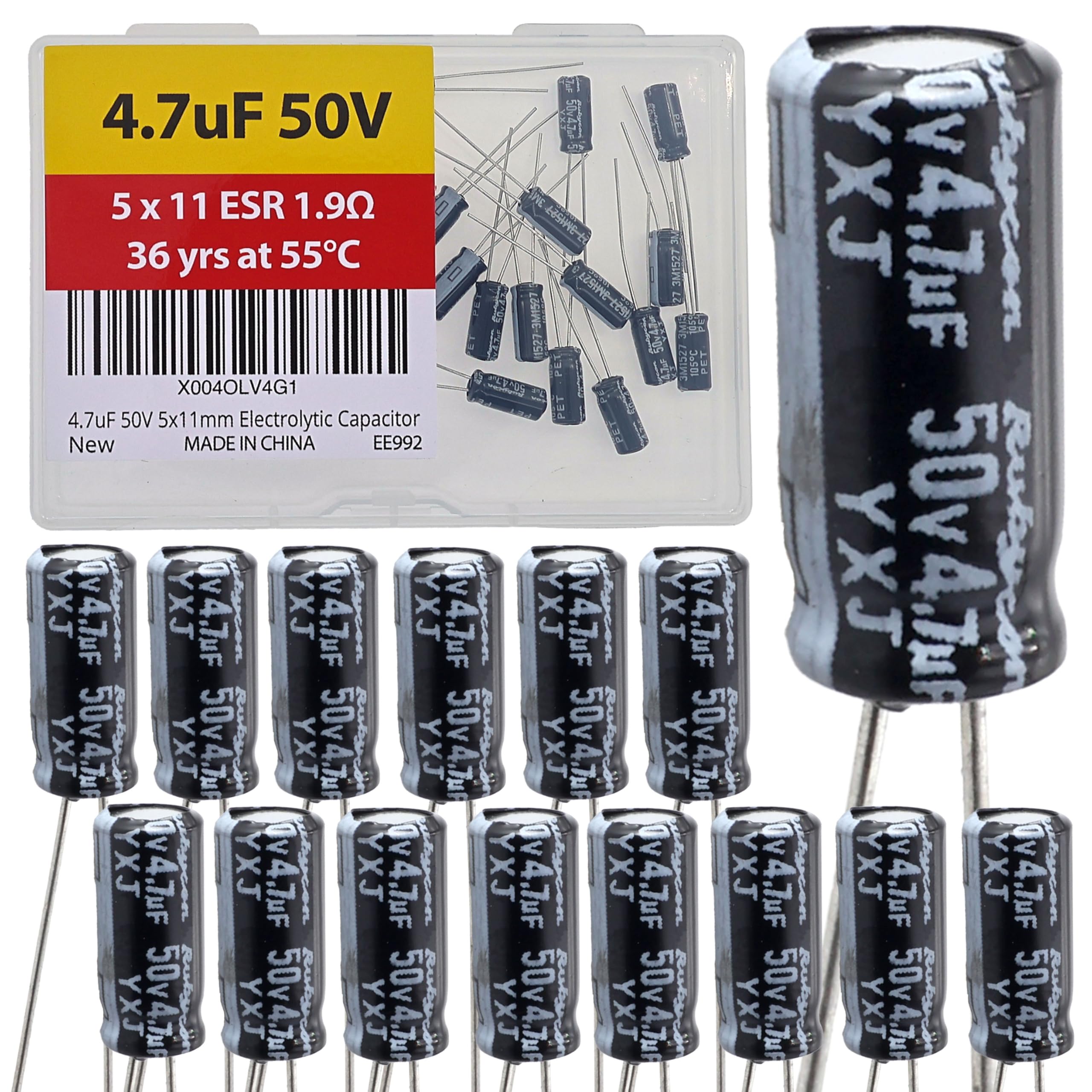 4.7uF 50V 5x11mm Rubycon Electrolytic Capacitor Low ESR 1.9Ω Long Life 36yrs at 55 Degree C mfd mircofarad Micro Farad Radial Lead Aluminum Capacitors (Pack of 15)