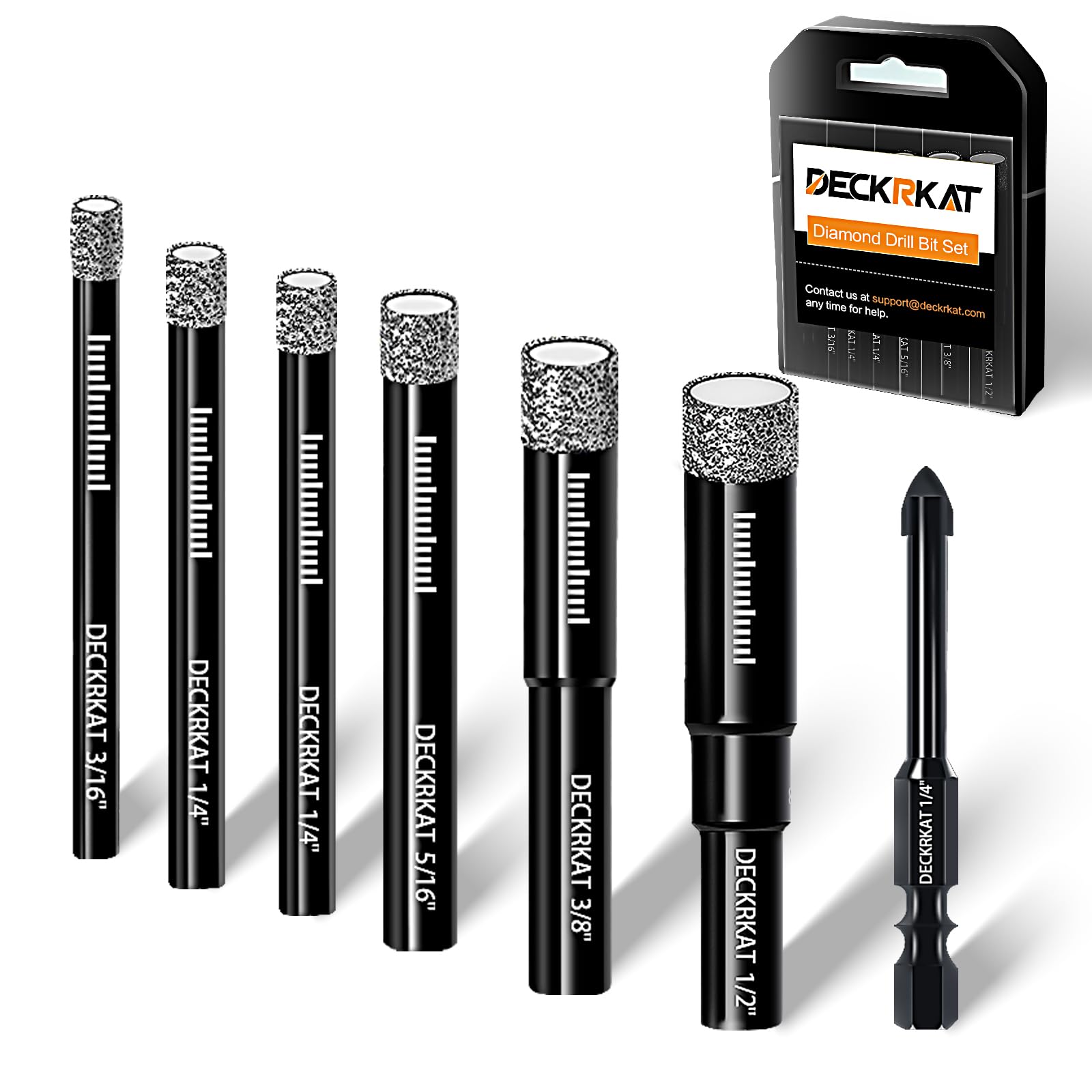 DECKRKAT 7-Piece Dry Diamond Drill Bits & Carbide Tile Drill Bit Set for Tile,Ceramic,Marble,Porcelain,Glass & Granite- 3/16", 1/4" (x2), 5/16", 3/8", 1/2" + 1/4" Bit