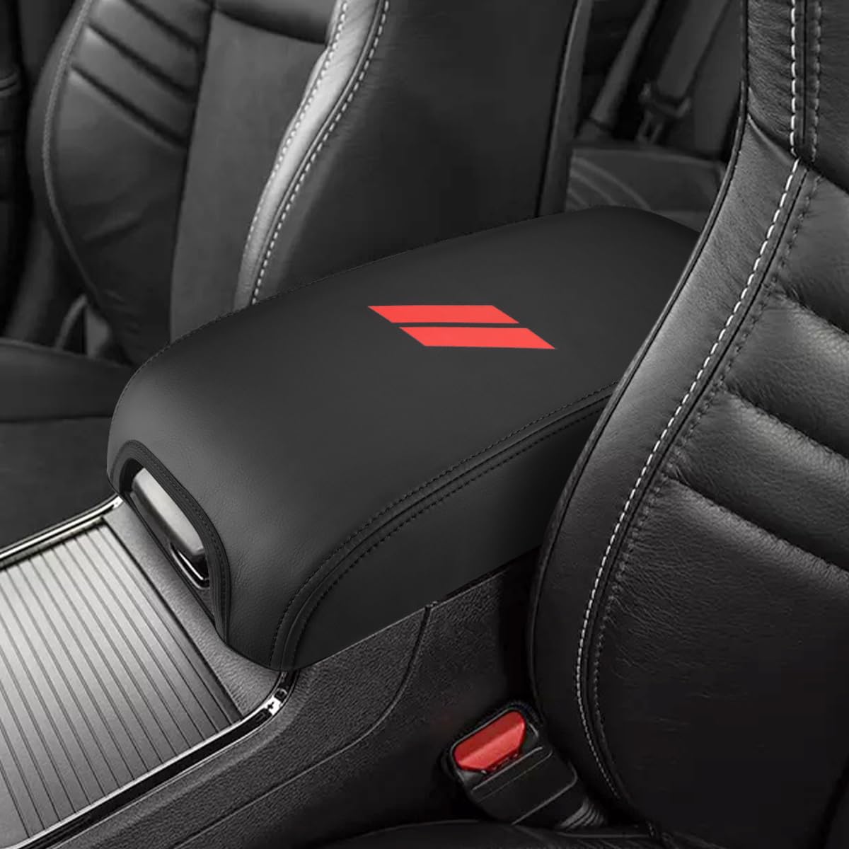 INTGET Center Console Cover for Dodge Charger Accessories 2011-2020 2021 2022 2023 for Chrysler 300 2015-2022 Leather Armrest Cover Console Lid Protector Cushion Pad(Black Stitches, Leather)