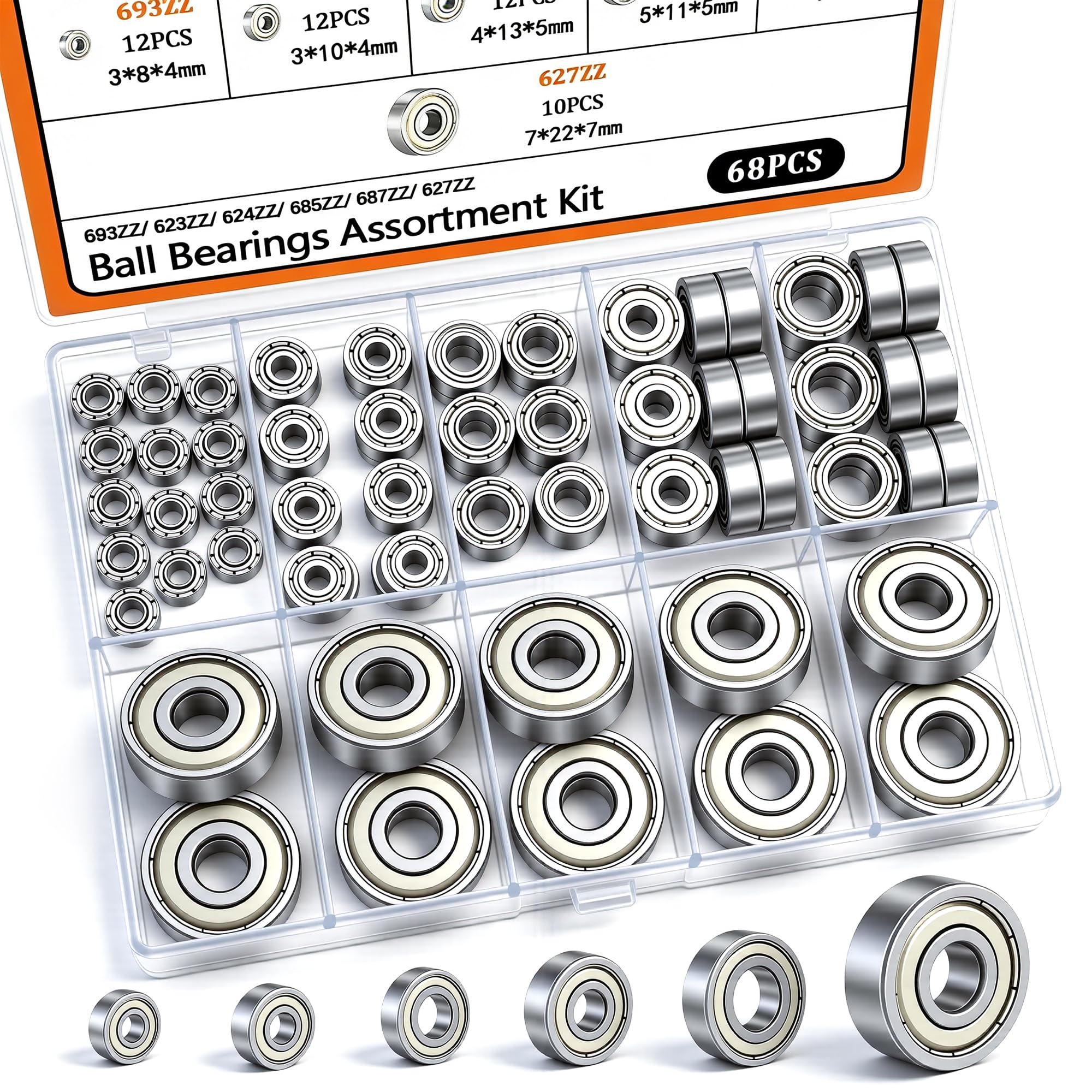 Dianrui 68 PCS 693ZZ/ 623ZZ/ 624ZZ/ 685ZZ/ 687ZZ/ 627ZZ Ball Bearings Assortment Kit, Small Bearings Carbon Steel Deep Groove Bearing, for Furniture Wheel, Roller Skates, 3D Printing and ect —6 Size