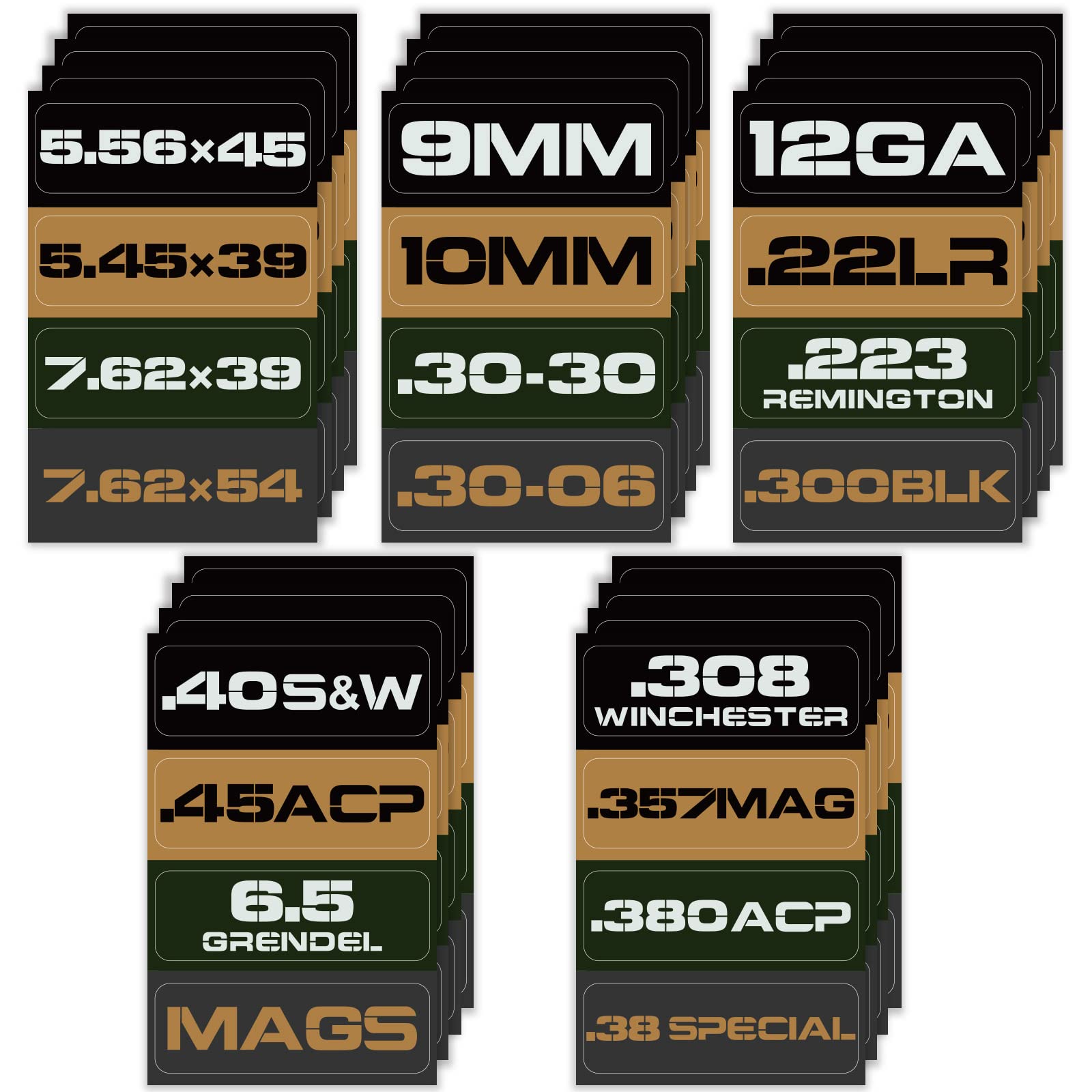 Aolamegs Ammo Can Vinyl Sticker Set, Caliber Decal Labels for Ammo Cans .22 .223 .308 9MM .380 .45 5.56 7.62 12GA 300BLK (80 Pack/20 Varieties)