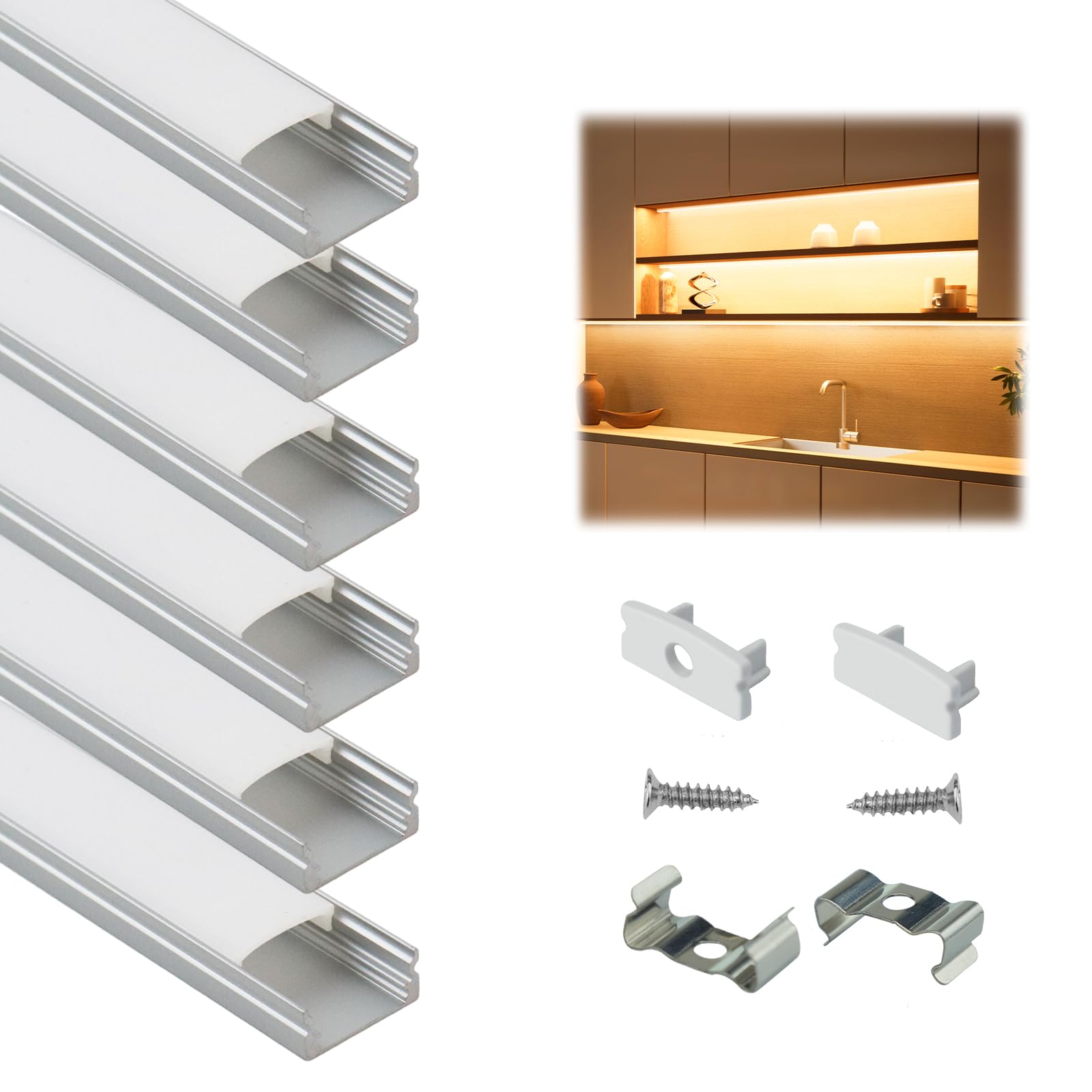 Muzata 6Pack 3.3FT Silver LED Strip Channel with Milky Diffuser U1SW WW