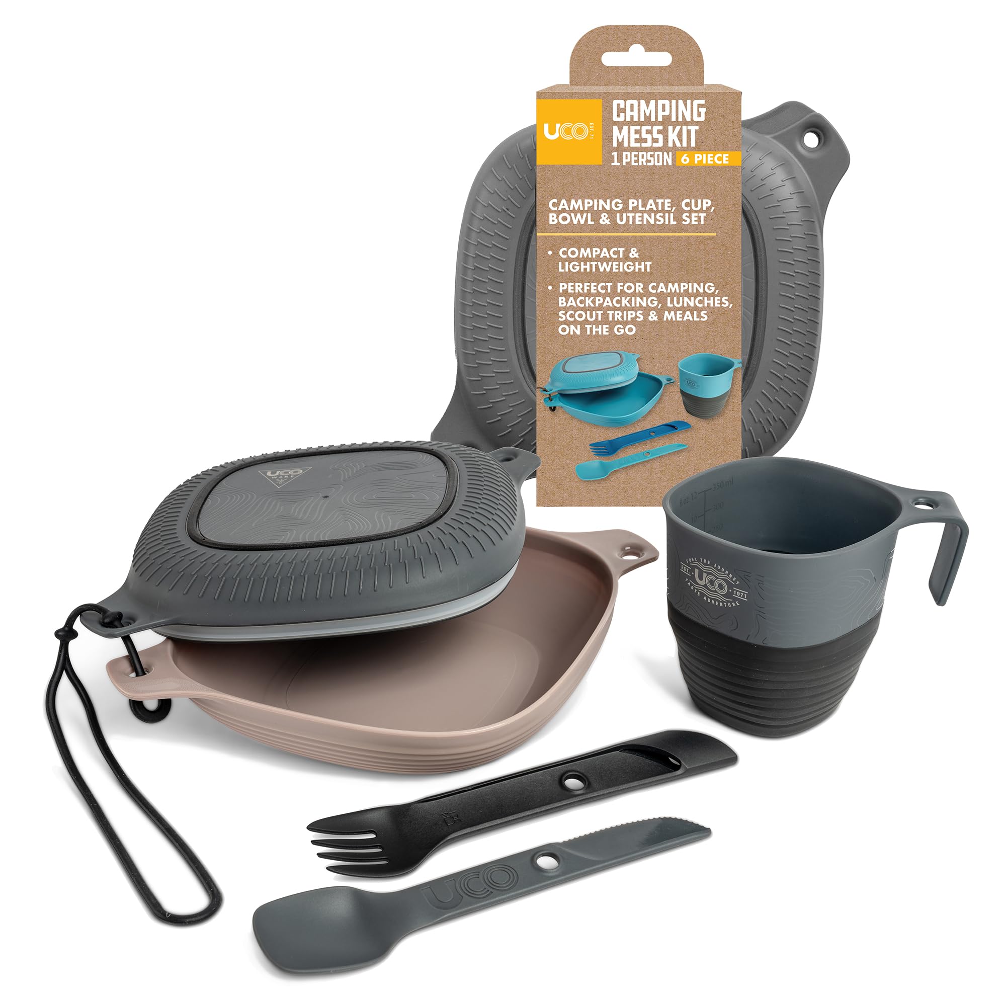 UCO 6-Piece Camping Mess Kit with Bowl, Plate, Collapsible Cup, and Switch Camping Spork