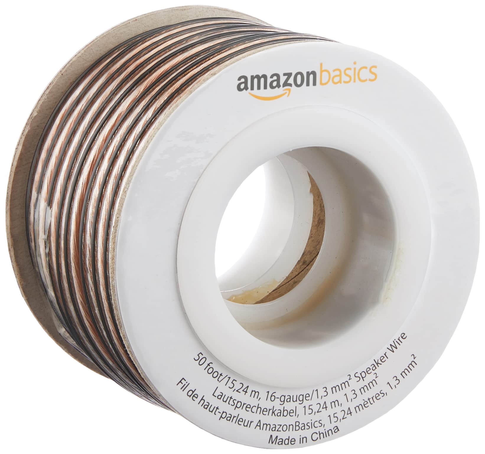Amazon Basics 16-Gauge Speaker Wire Cable, Polarity Marked, 50 feet, Transparent