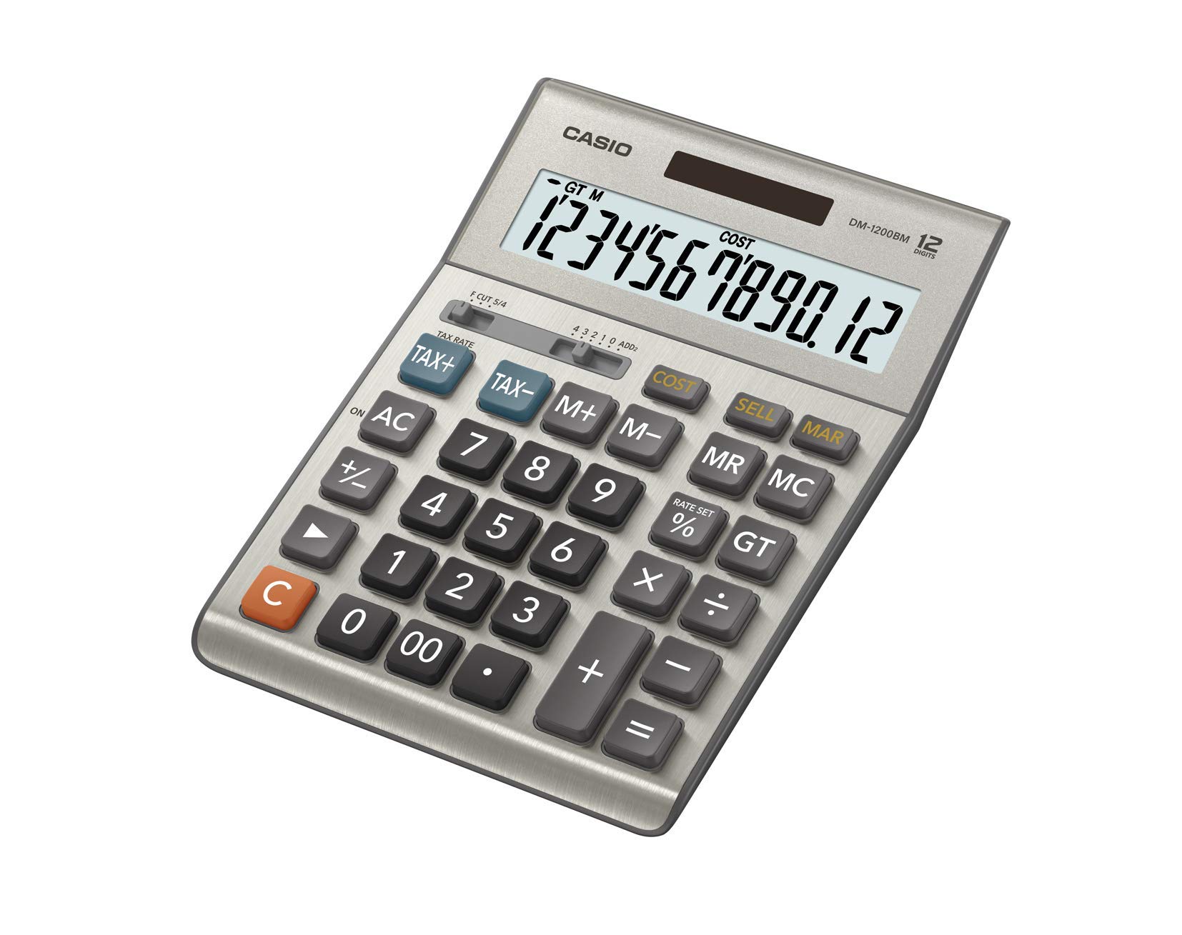 Casio DM-1200BM – Business Desktop Calculator with Cost/Sell/Margin & Tax Keys | Extra-Large 12-Digit Display, Kickstand | Ideal for Office & Finance Use, Silver