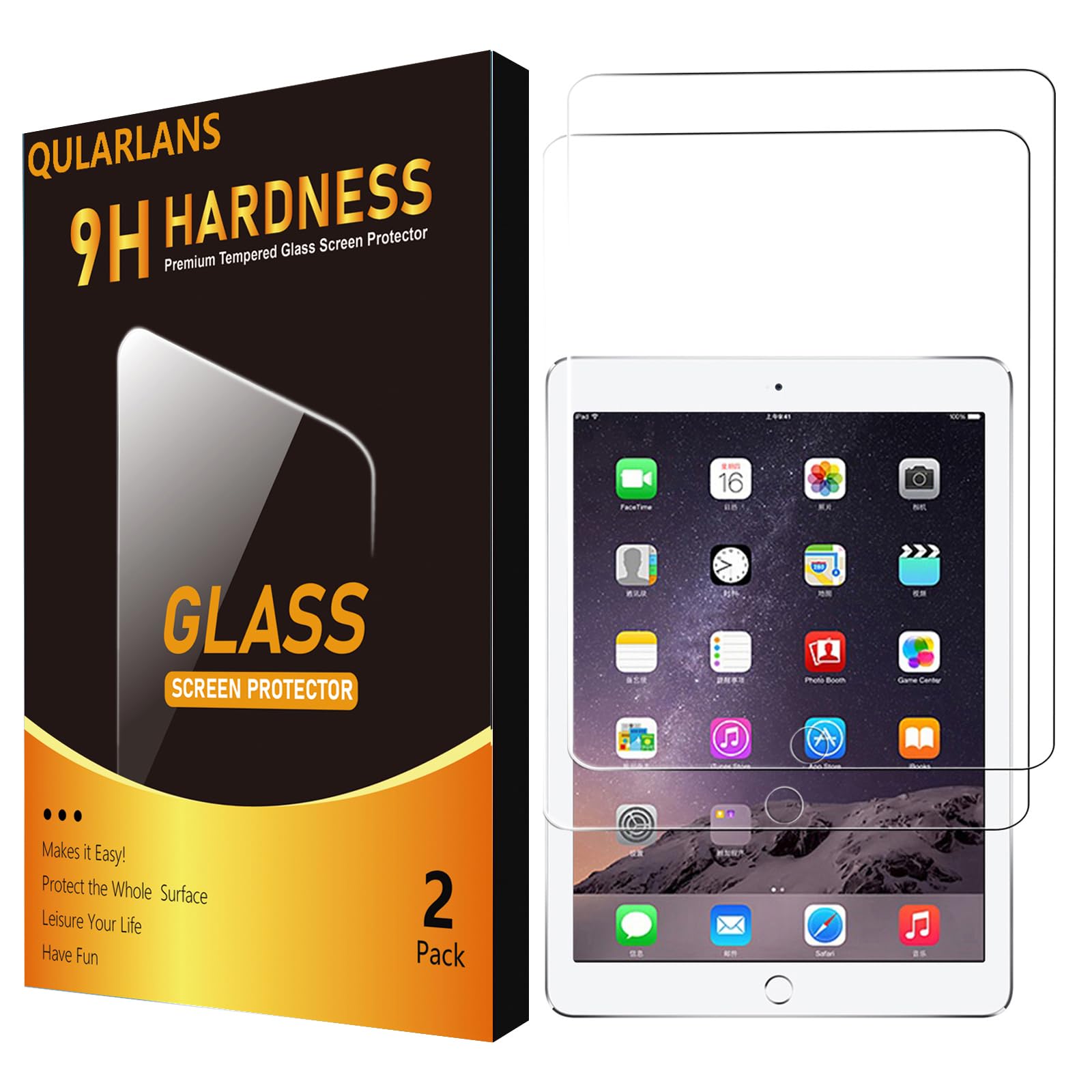 Qularlans 2 Pack Screen Protector for iPad 6th 5th Generation 9.7 Inch 2018/2017, iPad Pro 9.7 2016, iPad Air 2/1 2014/2013, 9H Tempered Glass, Apple Pencil Compatible, Case Friendly