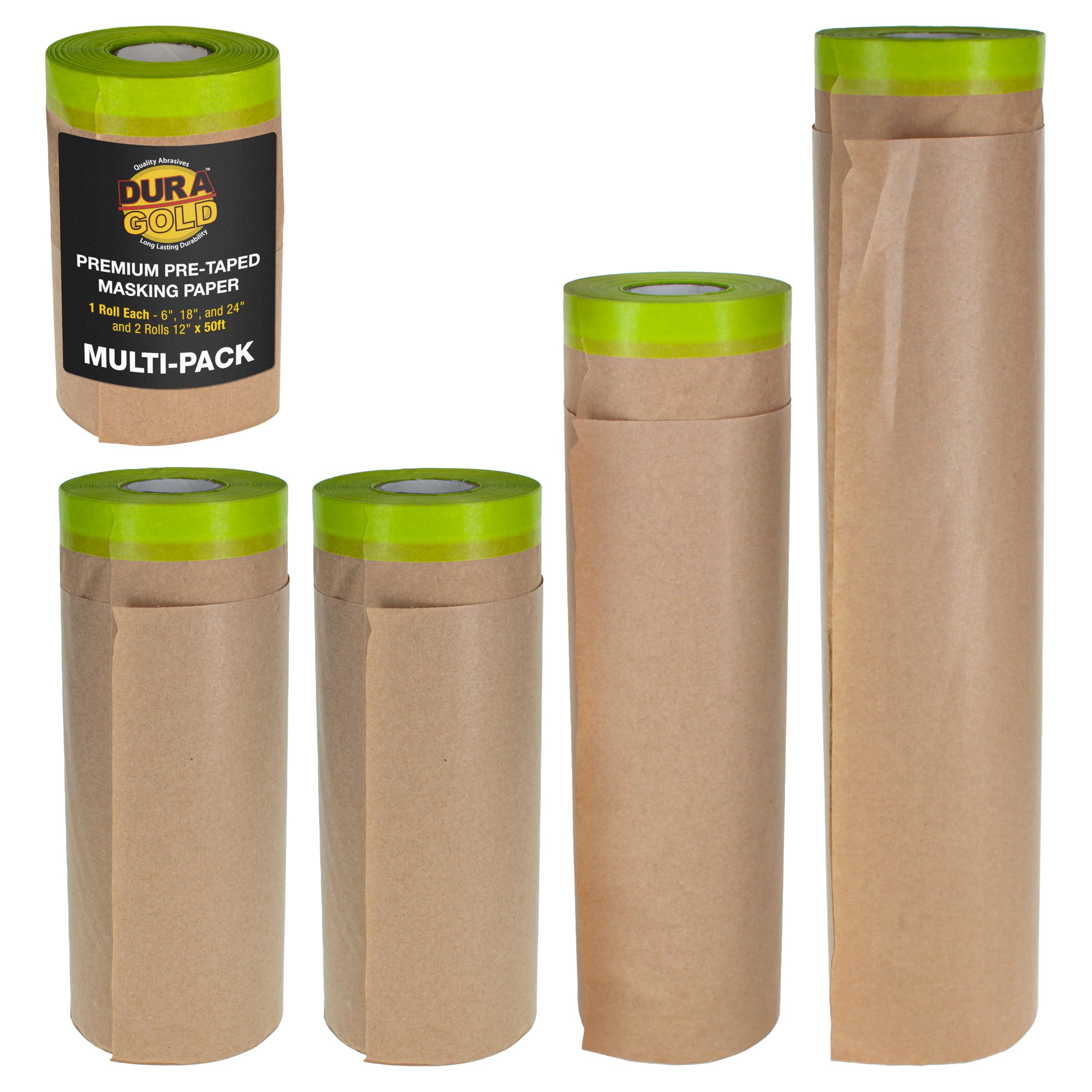 Dura-Gold Pre-Taped Masking Paper for Painting (Variety Pack 6", 12", 18", 24" x 50' Rolls) Tape and Drape Painters Paper, Protective Covering, Overspray Barrier, Home Renovation, Walls Furniture Cars