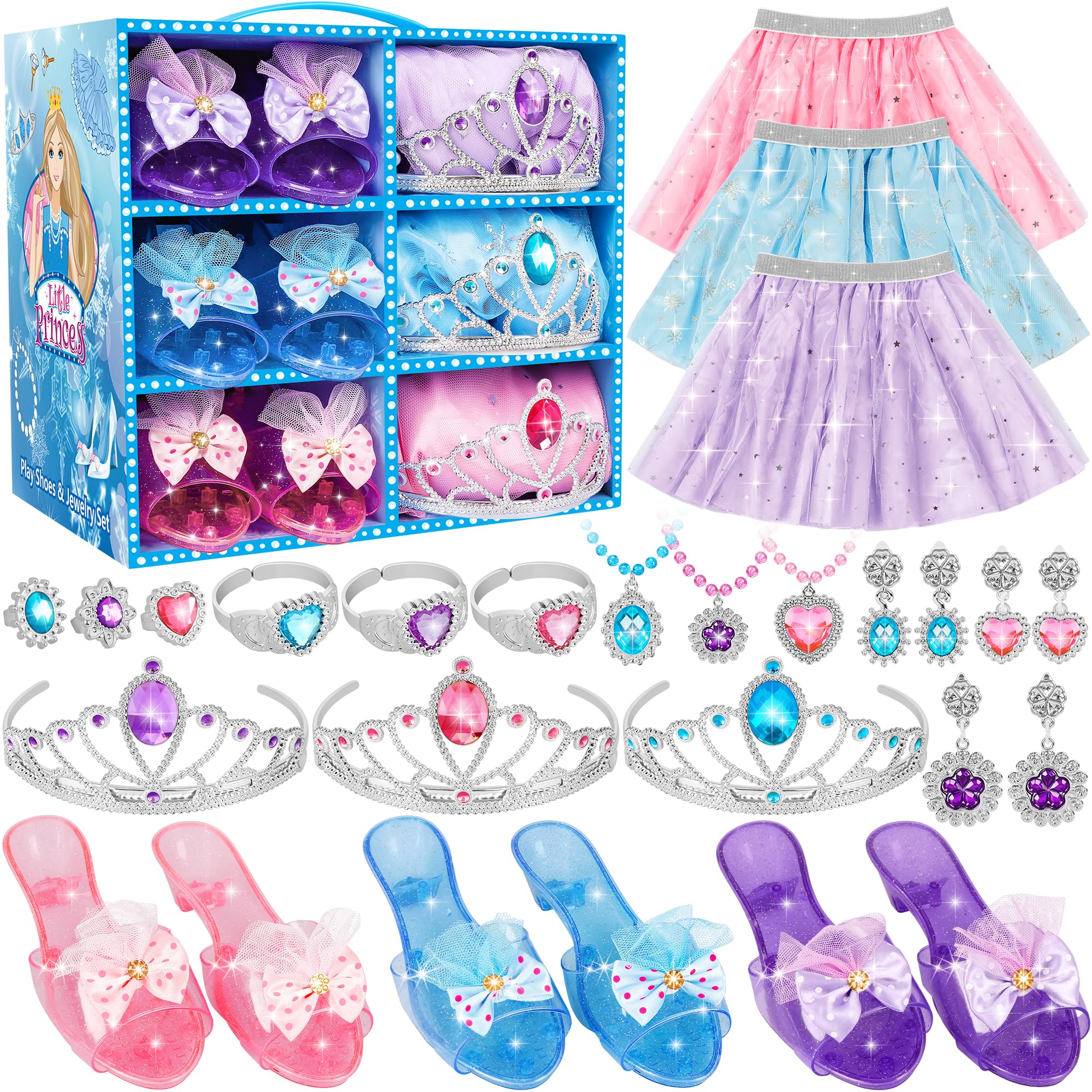 LJZJ Princess Dress Up Toys & Jewelry Boutique, Costumes Set incl Color Skirts, Shoes, Crowns, Accessories, Girls Role Play Gift for 3 4 5 6 Year Old Girl Toddler ​B-Day Party Favors
