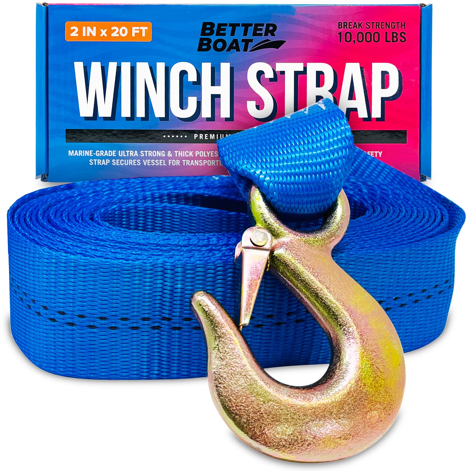 Boat Trailer Winch Strap with Hook, Heavy Duty Replacement for Hand Crank Trailer, 2 Inch x 20 Feet, 10,000 Lbs Capacity, Towing and Bow Boat Strap