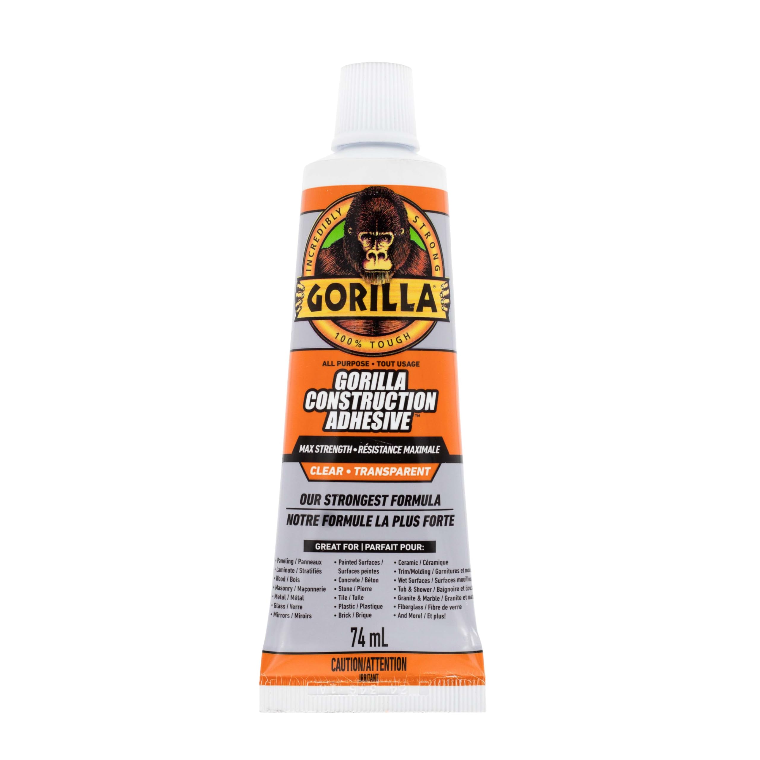 Gorilla Max Strength Construction Adhesive, 2.5 oz (Pack of 1), Clear, Waterproof for Quick Fixes Touch Ups, Bonds Wood Metal Glass Tile Stone Drywall, Indoor Outdoor Gap-Filling Paintable
