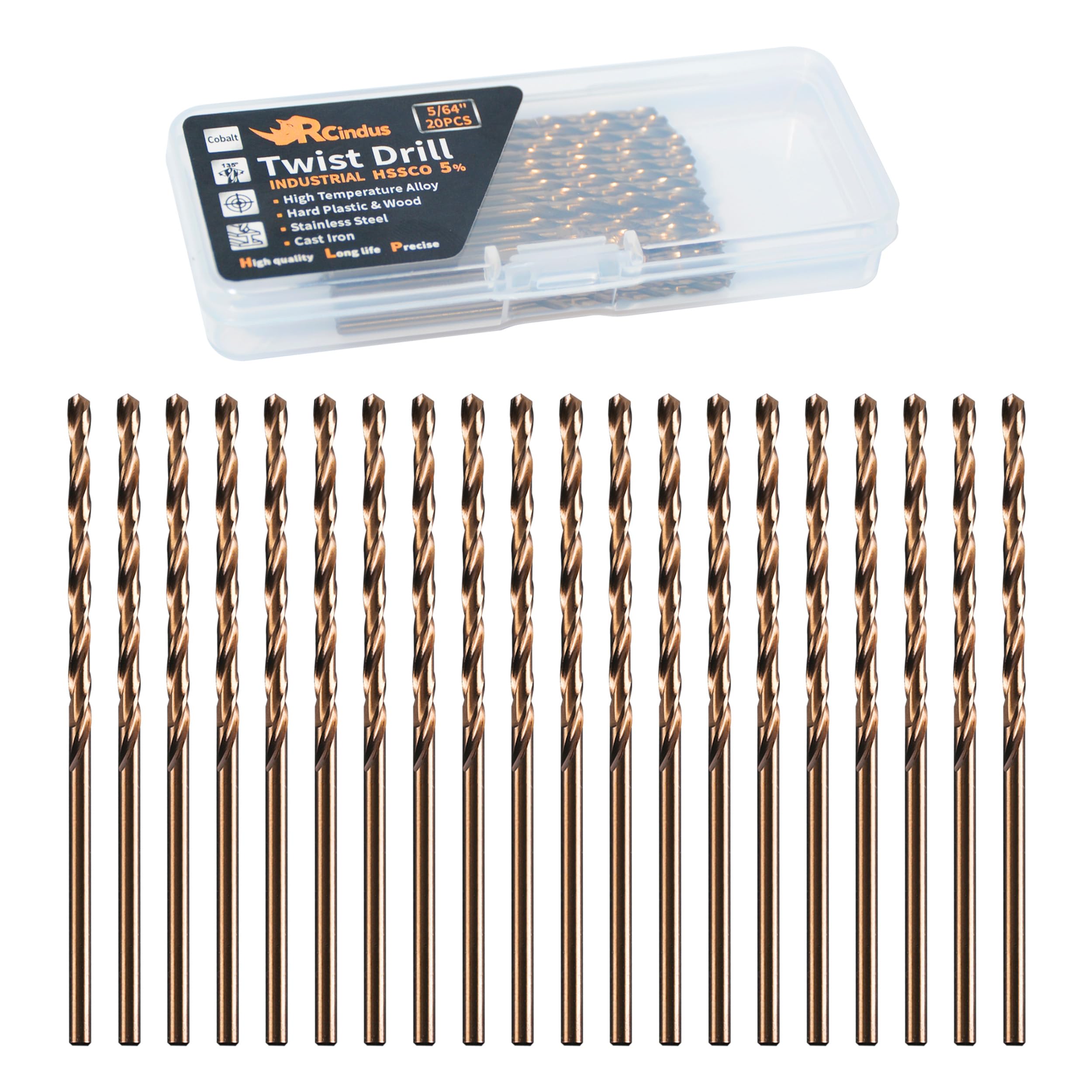 RCINDUS (20PCS) 5/64" Cobalt Drill Bit, HSS M35 Metal Drill Bits for Steel, Stainless Steel, Cast Iron, Hard Plastic and Wood