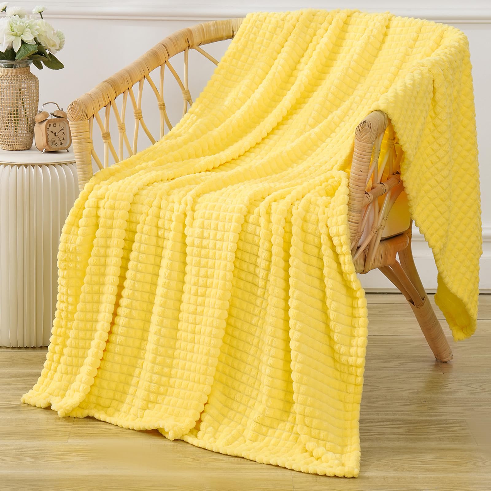 Puncuntex Fleece Throw Blanket Bright Yellow 50"×60"with Square Grid Design