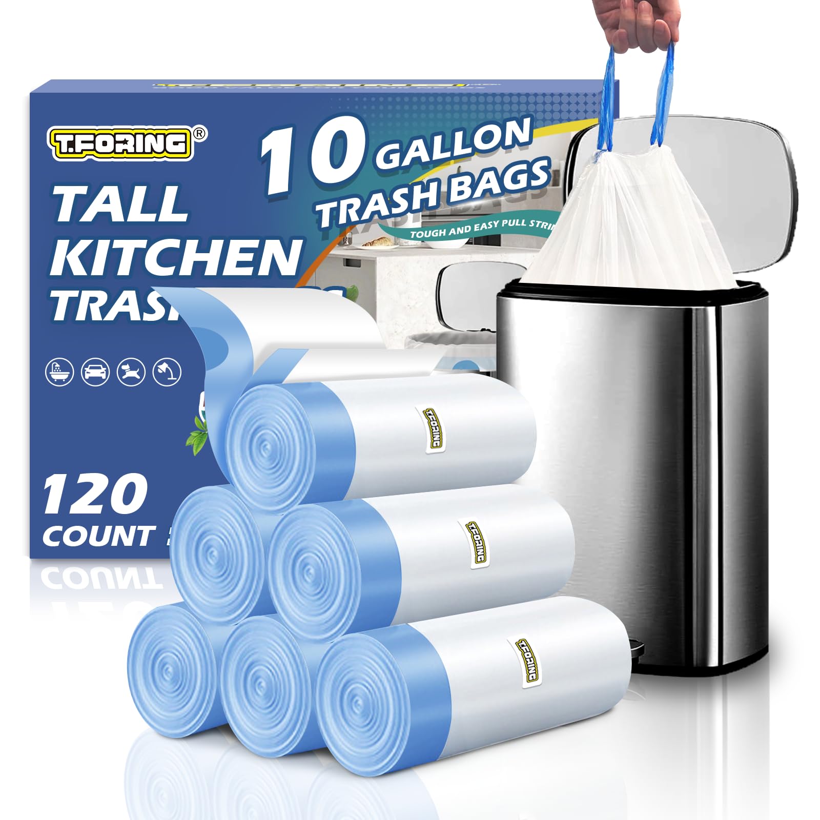 T.FORING Kitchen 10 Gallon Trash Bag Drawstring,1.2 Mil,Unscented,120 Count