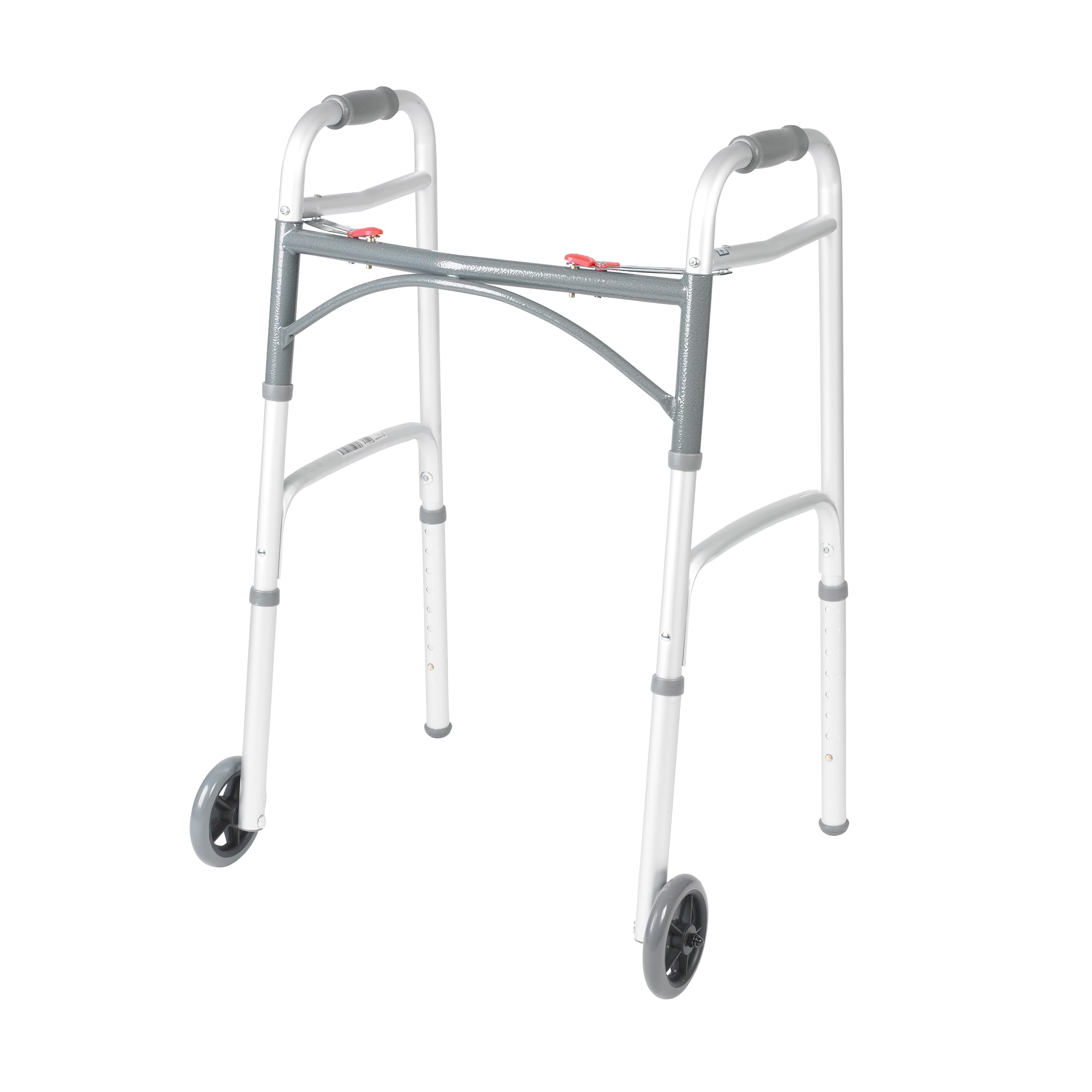 Drive Medical Two-Button Folding Walker With Wheels - Lightweight Rolling Mobility Support - Adjustable Height - Dual Push-Button Operation - 5 Inch Front Wheels - Durable Aluminum - Silver
