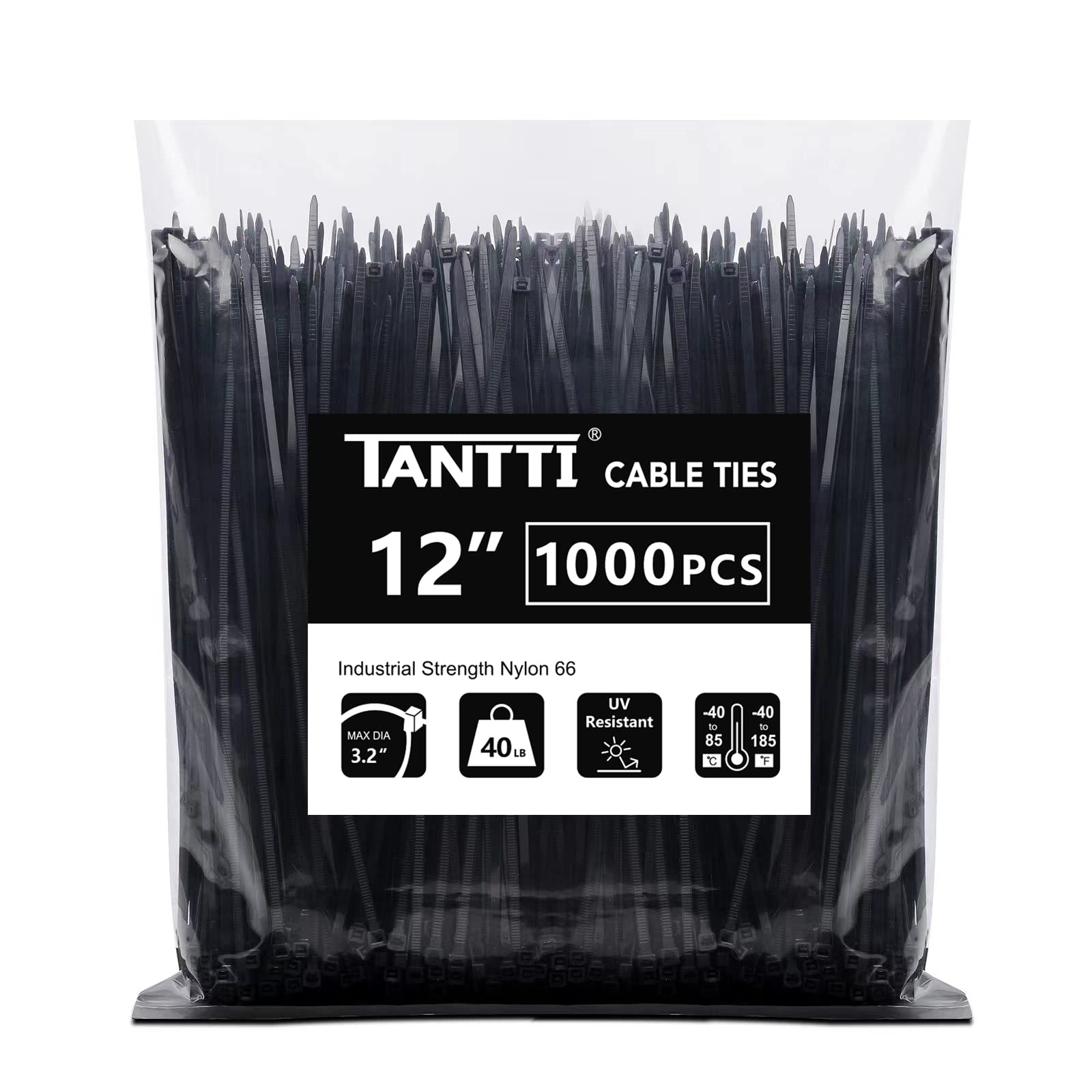 Zip Ties 12 inch, Black Zip Ties 1000 pack, 40lb, Cable Ties, Self-locking Wire ties for indoor and outdoor use, by Tantti