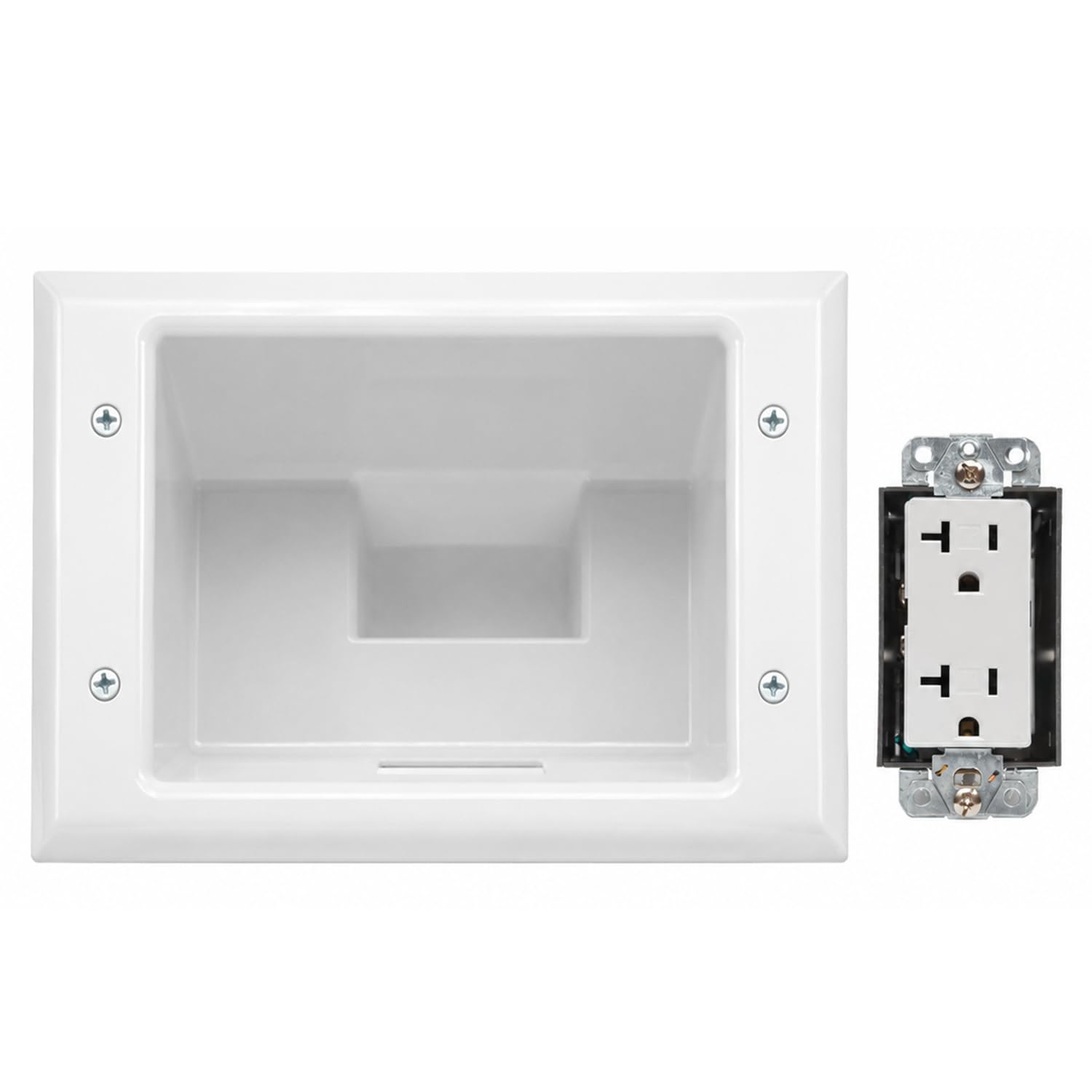 DATA COMM Electronics 45-0072-WH Commercial Grade Recessed Wall Plate Cable Pass Through, Mid-Size Low Voltage AV/HDMI Cord Hider with 20A Duplex Power Receptacle, TV & Home Theater, White