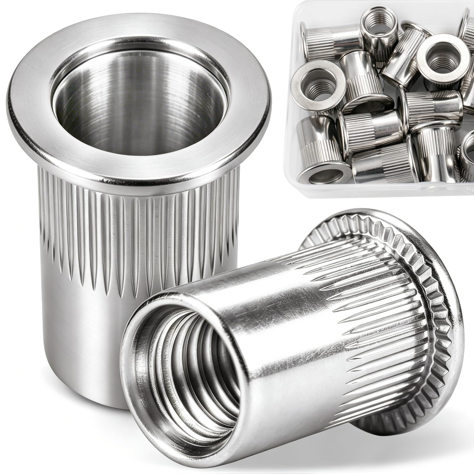 DFDU 18Pcs 1/2" Rivet Nut, 304 Stainless Steel Flat Head Knurled Rivnuts Threaded Insert Nutsert 1/2"-13 UNC RIV Nuts for Metal, Automotive, Furniture, DIY