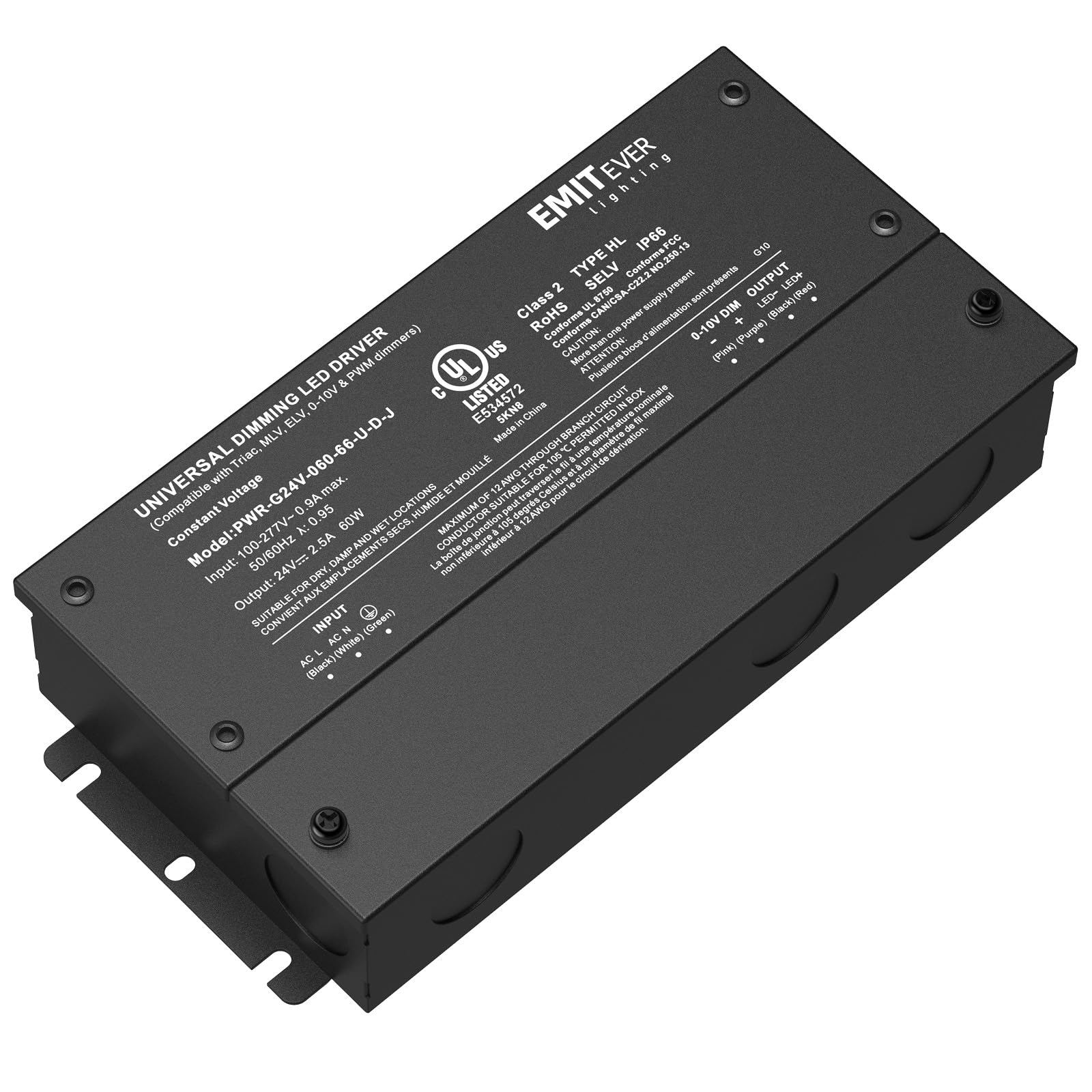 EMITEVER 60W 24V 5-in-1 Dimmable LED Driver,AC 110-277V to DC Power Supply