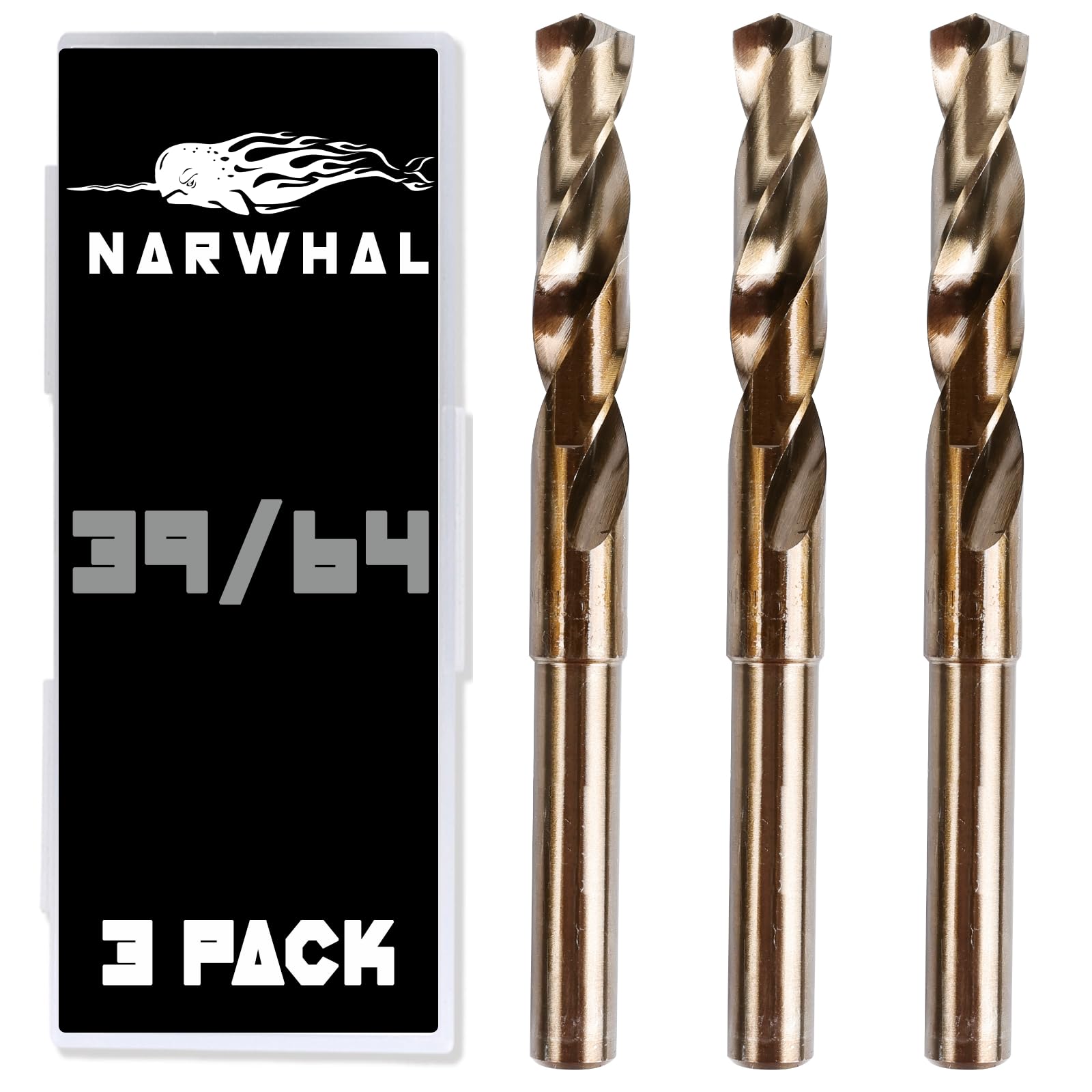 Narwhal 39/64 Cobalt Drill Bits - 3 Pack - 6 Inch Length - M35 Cobalt Drill Bits with Storage Case - Perfect for Metal, Stainless Steel, Cast Iron, and More!