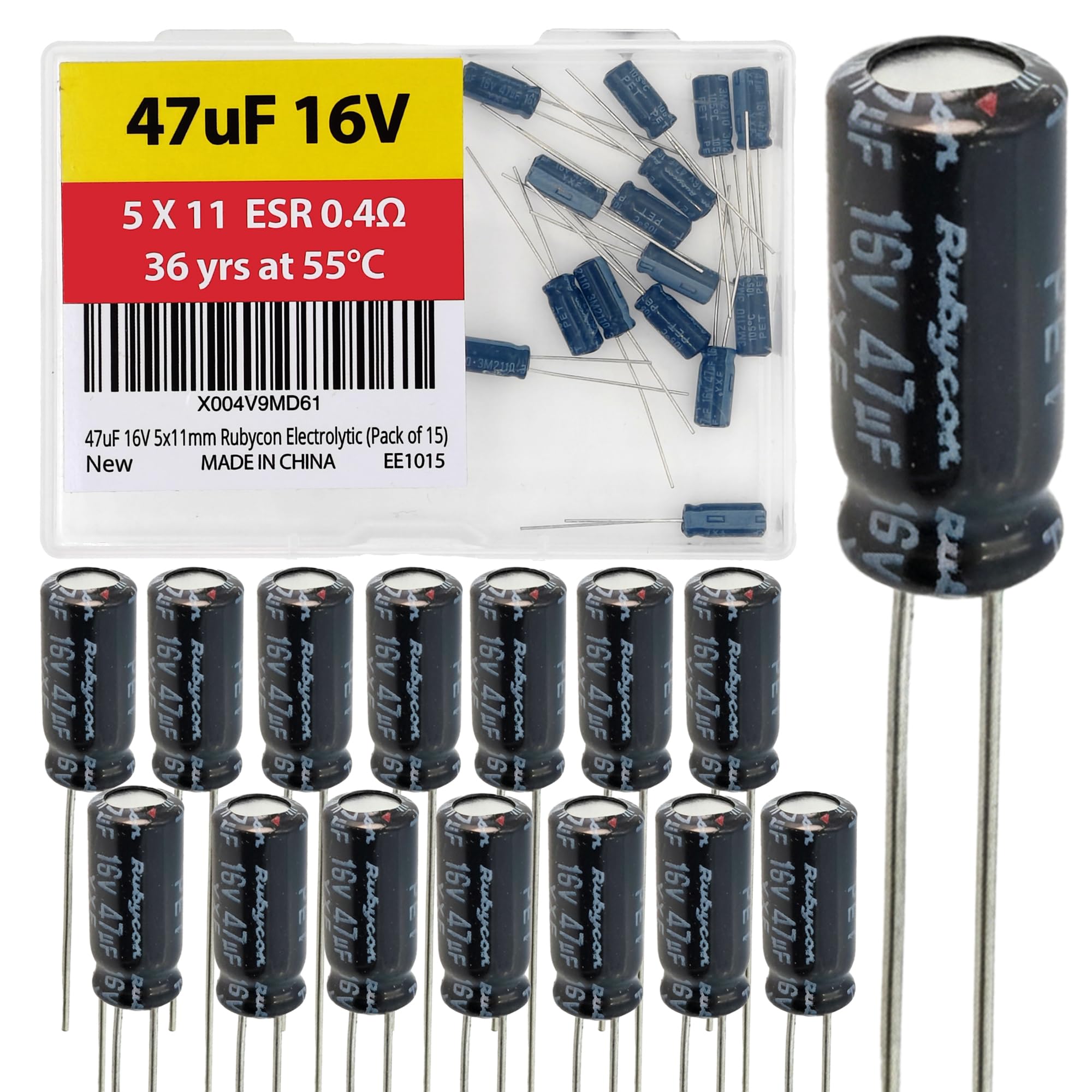 47uF 16V 5X11mm Rubycon Electrolytic Capacitor Low ESR 0.4Ω Long Life 36yrs at 55 Degree C mfd mircofarad Micro Farad Radial Lead Aluminum Capacitors (Pack of 15)