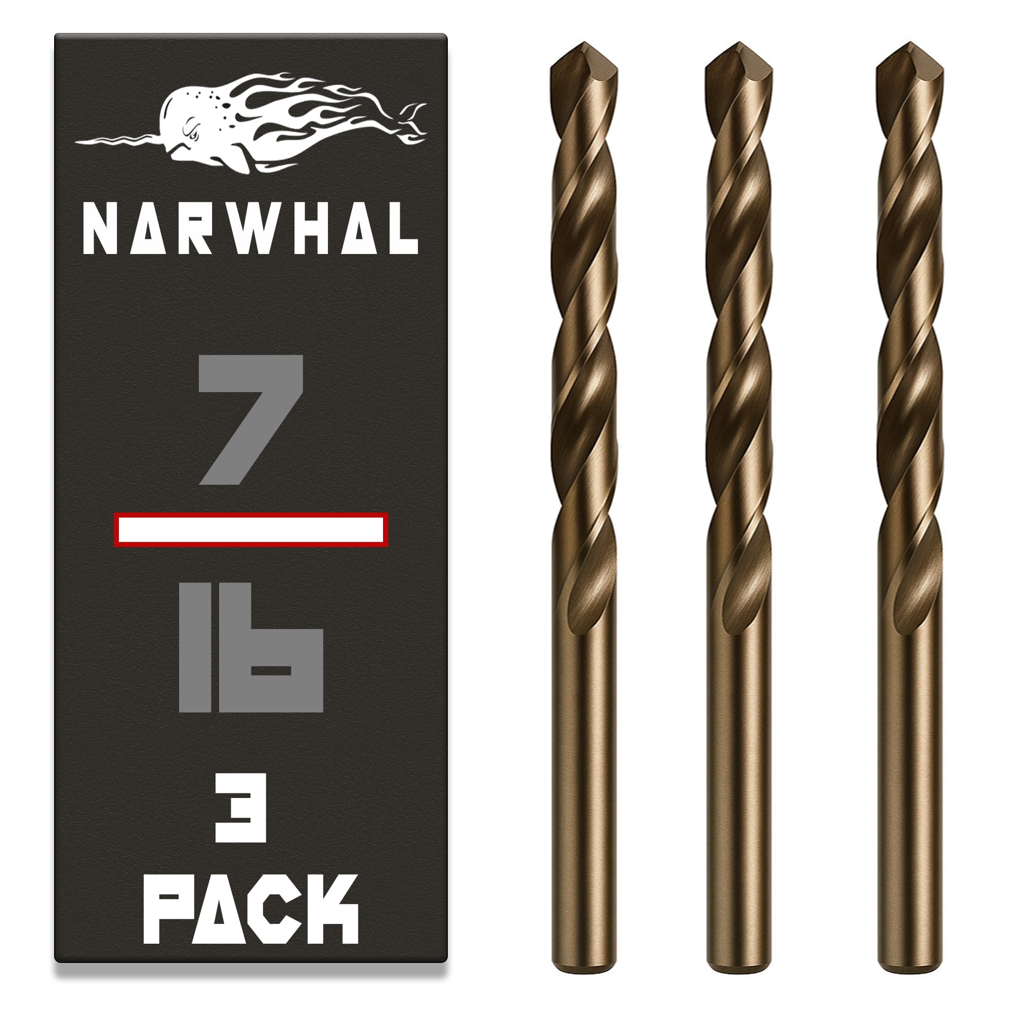 Narwhal 7/16 Inch Cobalt Drill Bits (3 Pack - Industrial Grade M35 Cobalt) 5-1/2" Length & 135 Degree Split Point for Drilling Into Metal, Hardened & Stainless Steel, Cast Iron, & More!