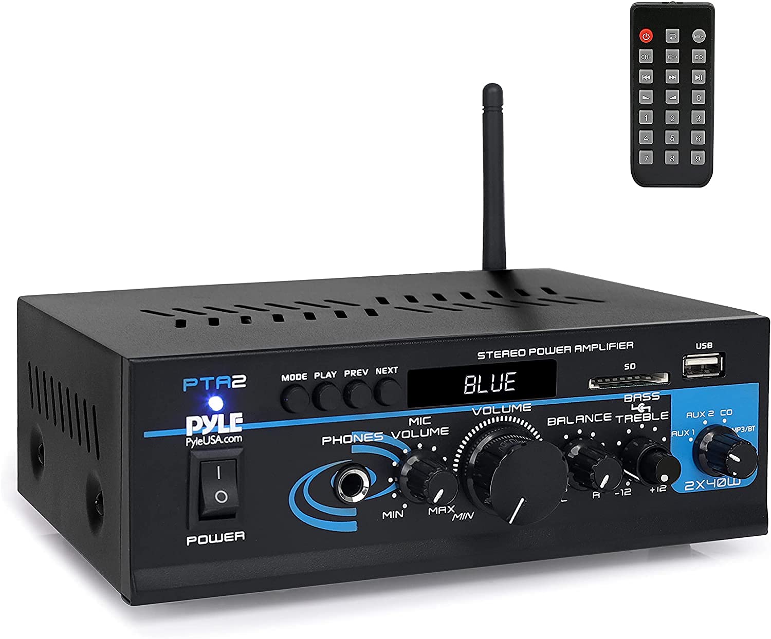 Pyle PTA2 2 x 40 Watt Mini Stereo Power Amplifier w/ AUX, CD & Mic Inputs