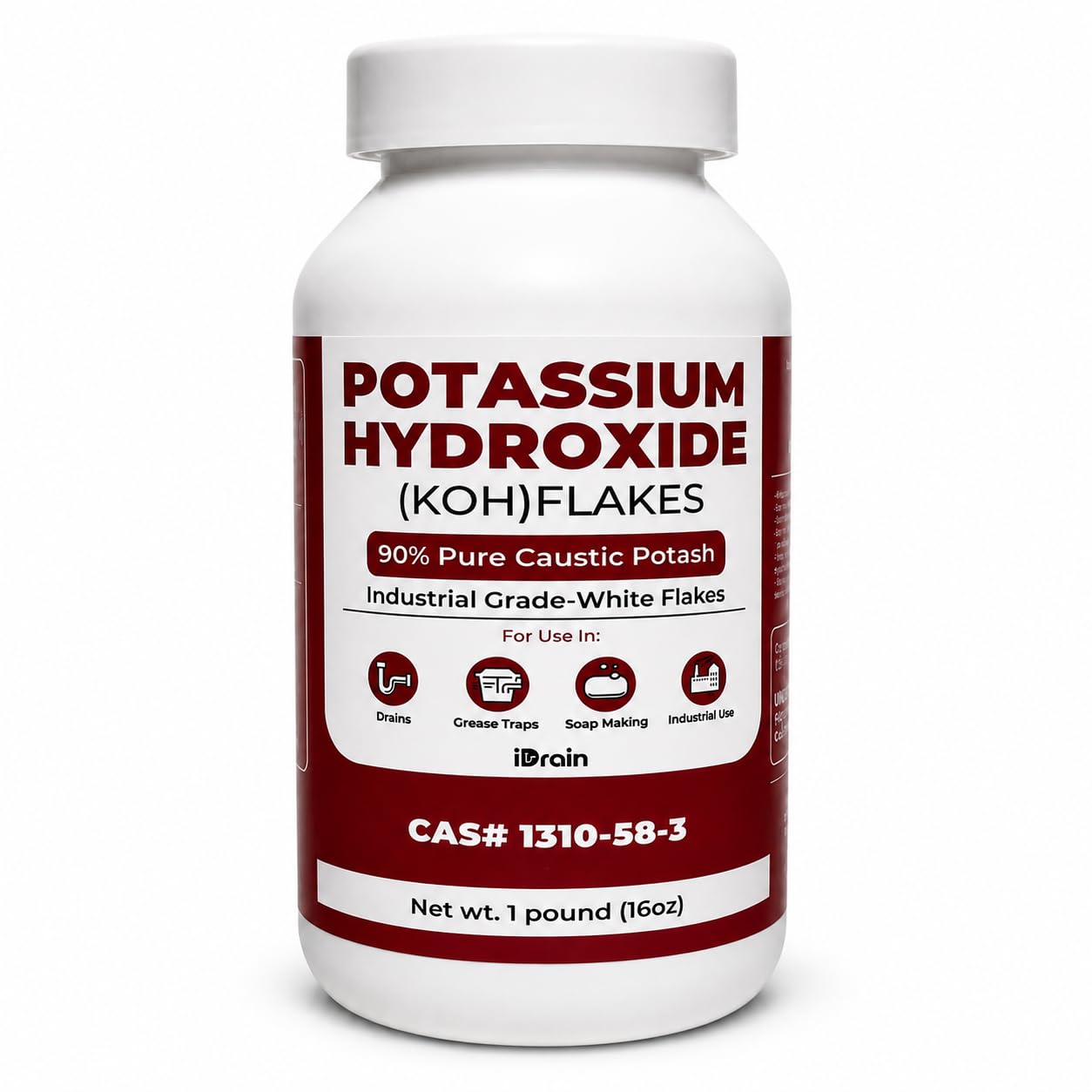 iDrain Potassium Hydroxide (KOH) Flakes 90% Pure Caustic Potash – Industrial Grade Lye for Soap Making, Biodiesel, Drain Cleaning & Grease Traps – Resealable Container – 1 lb / 16oz.