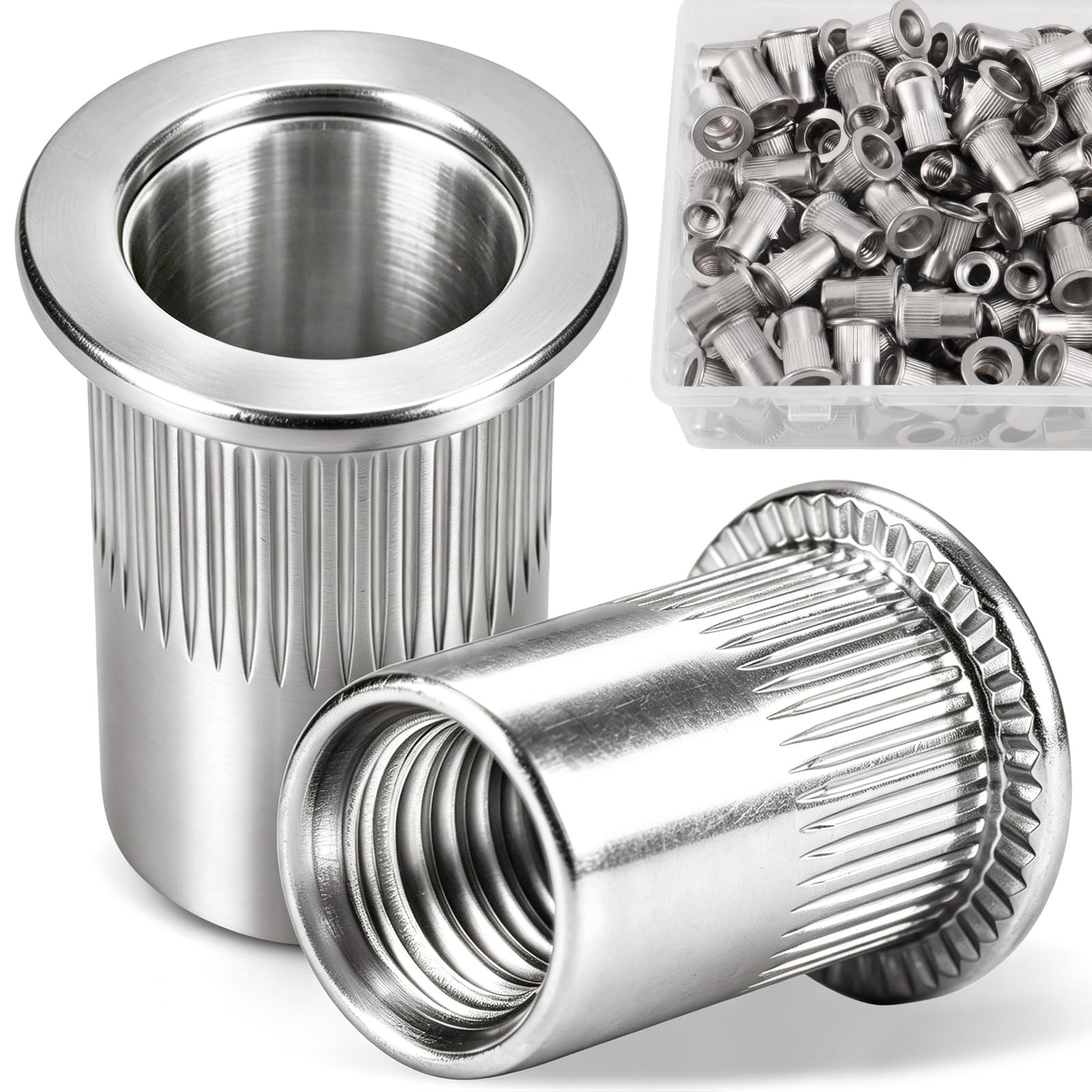 DFDU 149Pcs M6 Rivet Nuts, Stainless Steel 304 Metric Rivnut Kit Flat Head Threaded Insert Nutsert with Knurled Body, RIV Nuts for Furniture, Automotive, Industrial Use